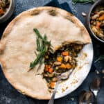 overhead of vegan pot pie in a round pie pan