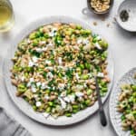 White bean and edamame salad on a plate, seen from above.