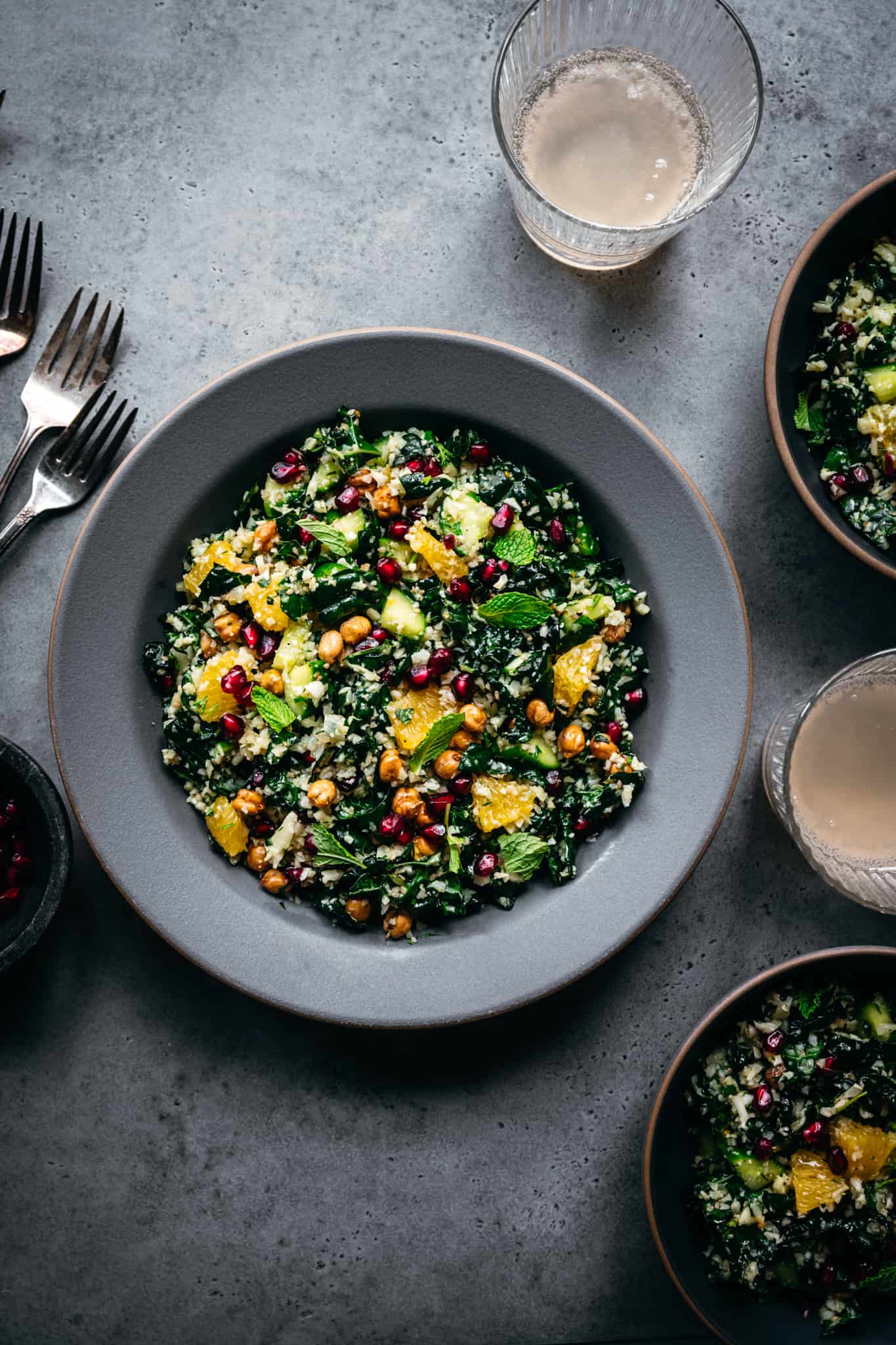 overhead view of bowl of cauliflower kale salad