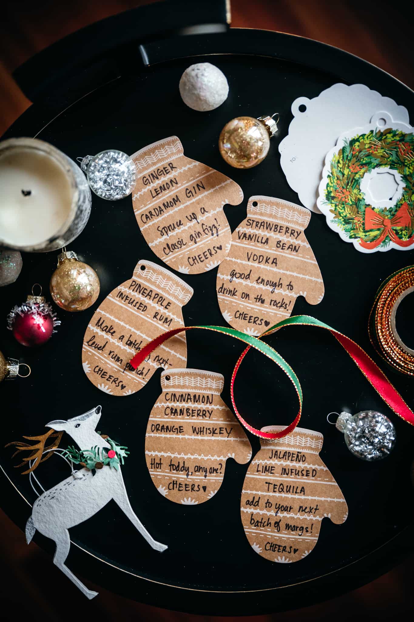 overhead view of labels for infused liquor gifts