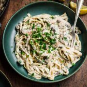 Overhead view of mushroom alfredo.