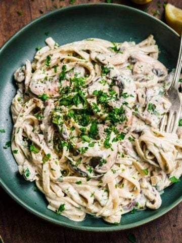 Overhead view of mushroom alfredo.