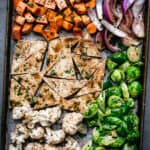 Veggies in a sheet pan seen from above.