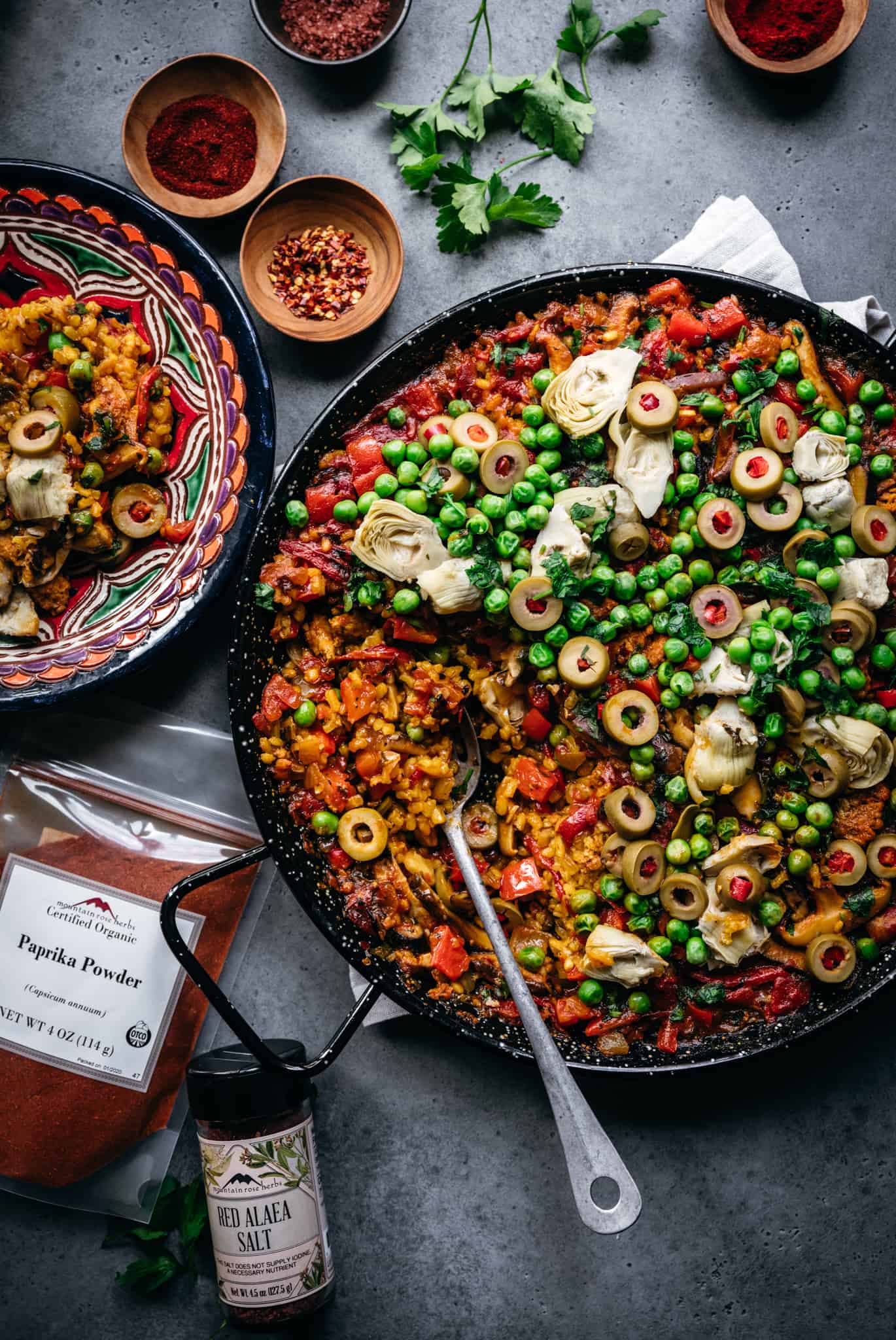 overhead view of vegan paella in paella pan