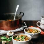 Soup in bowls from a 45 degree angle.