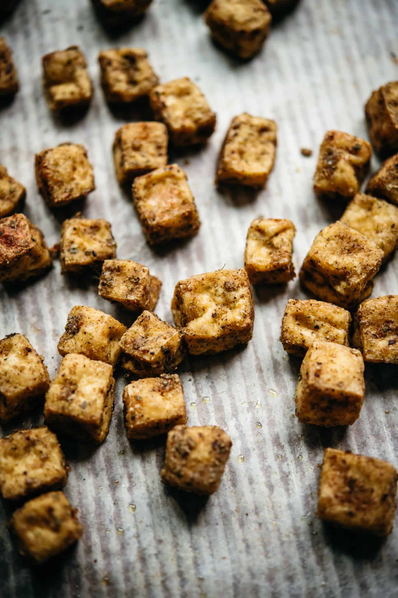 side view of crispy tofu with poultry seasoning