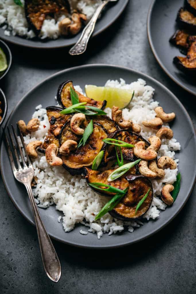 close up view of plate with baked eggplant slices, rice and cashews with fork