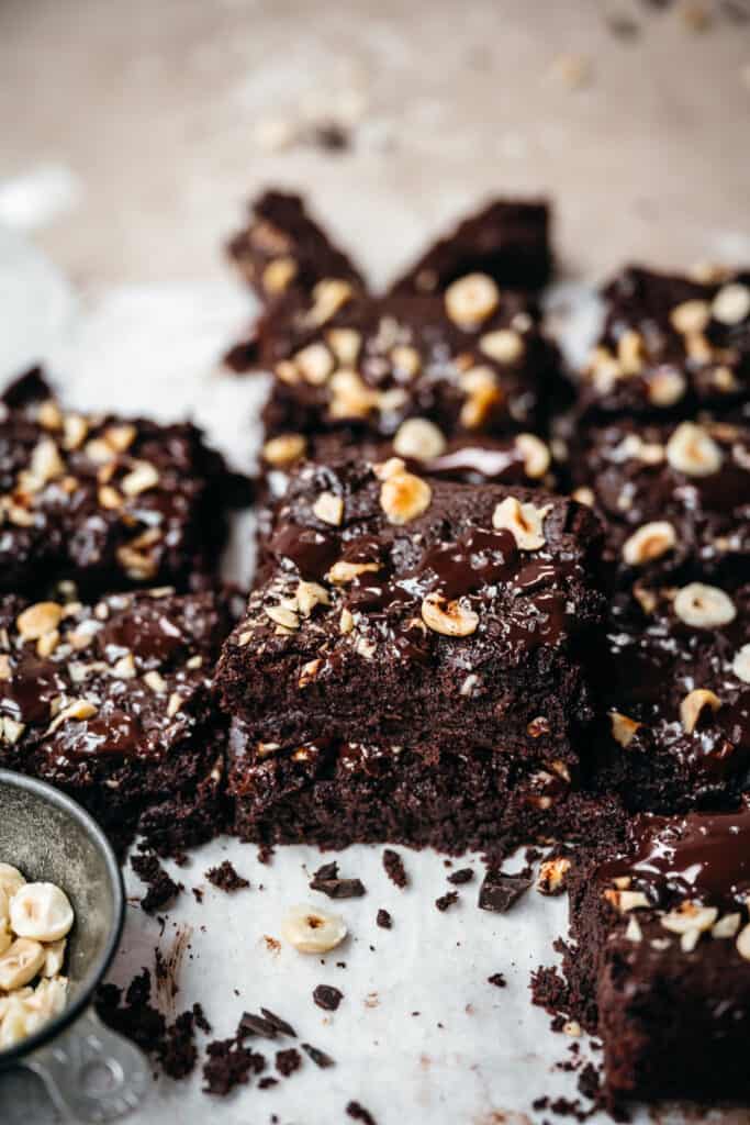 stack of gluten free vegan hazelnut tahini brownies