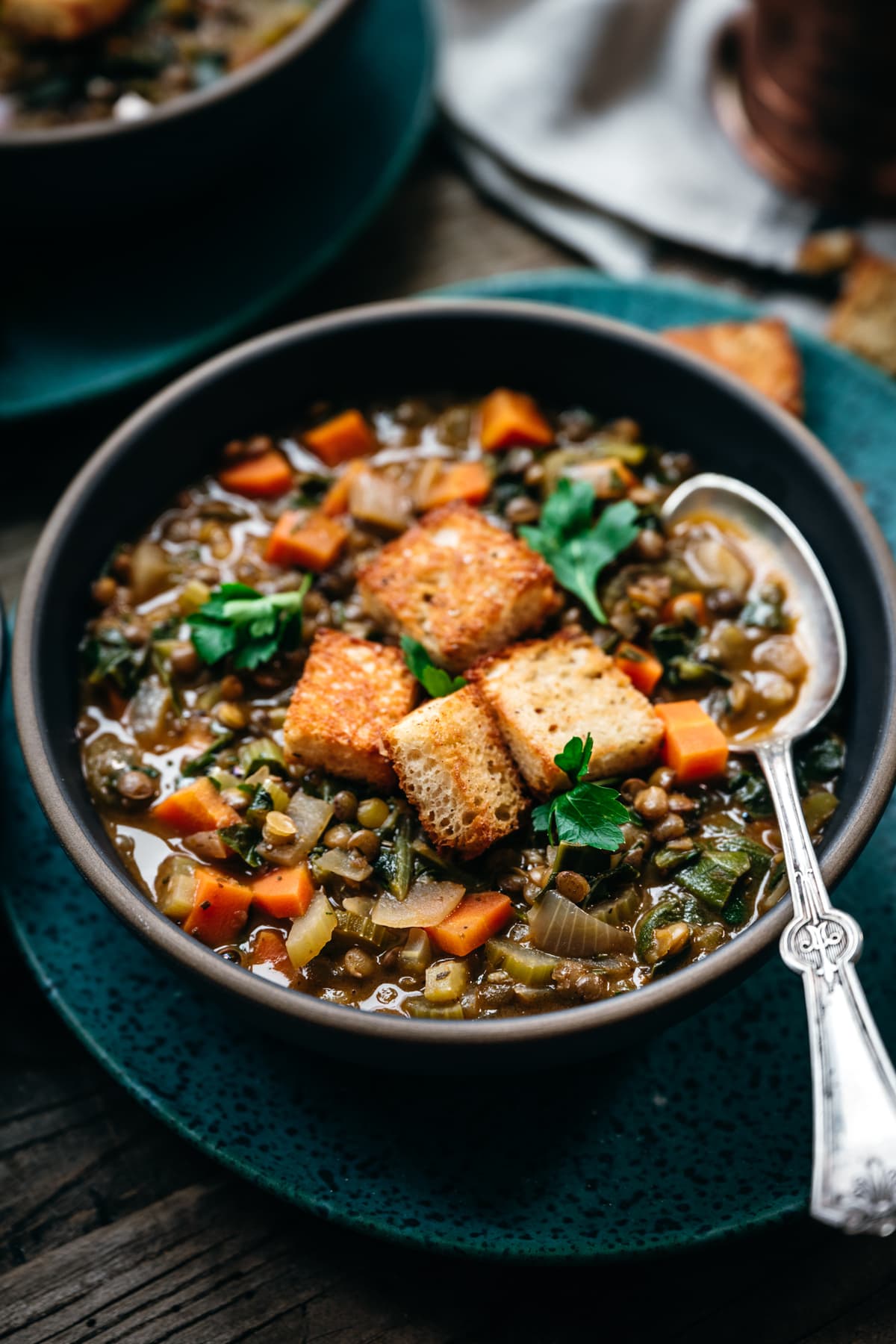 close up side view of vegan lentil vegetable stew with spoon in bowl