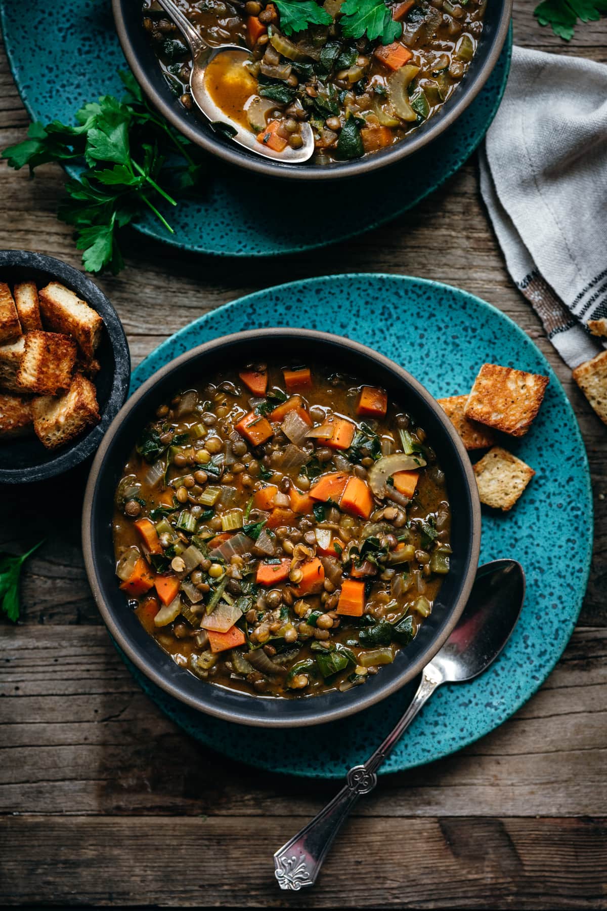 overhead view of vegan lentil stew in bowl with spoon