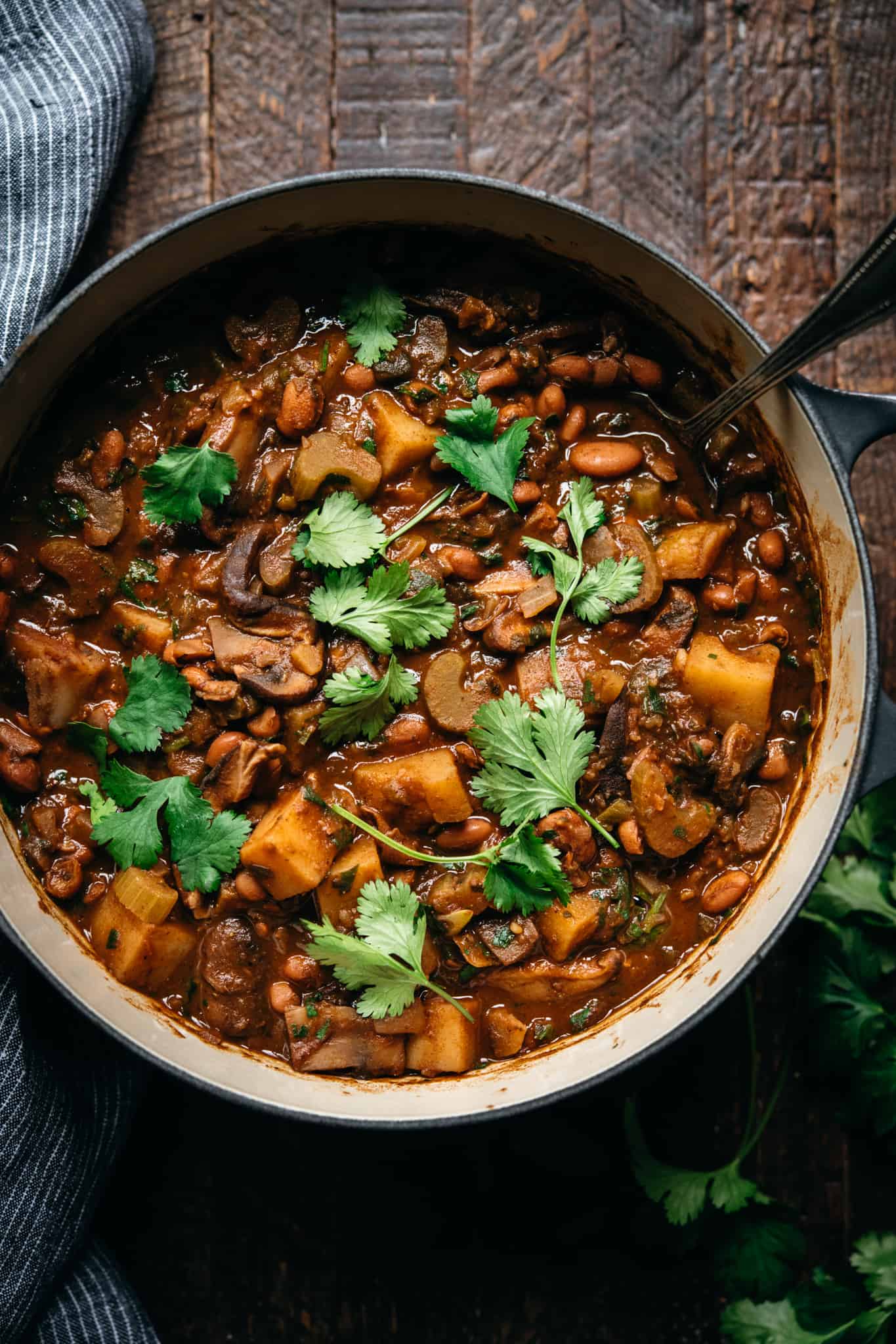 overhead view of vegan pinto bean chili in large pot