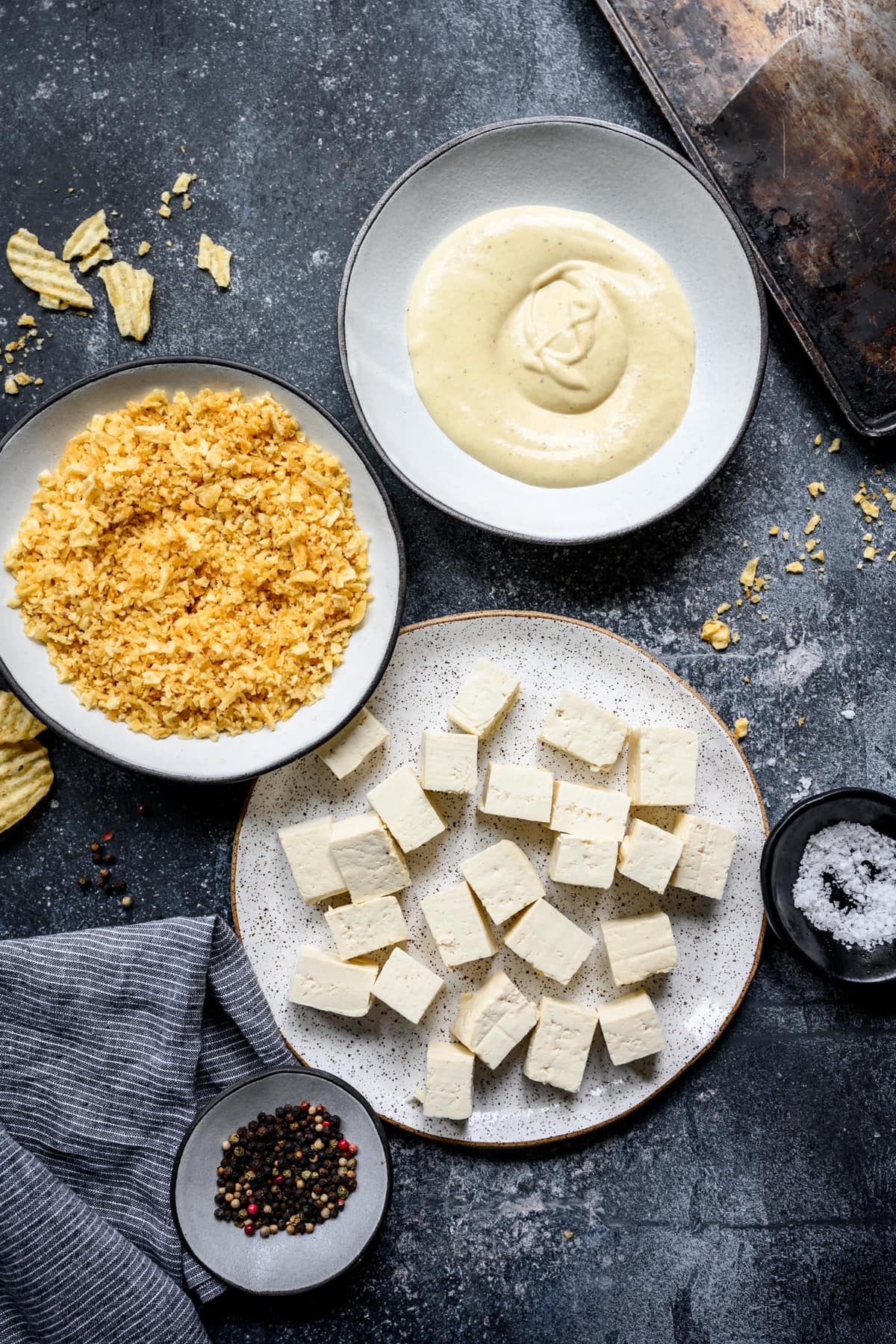 overhead view of ingredients for baked tofu nuggets