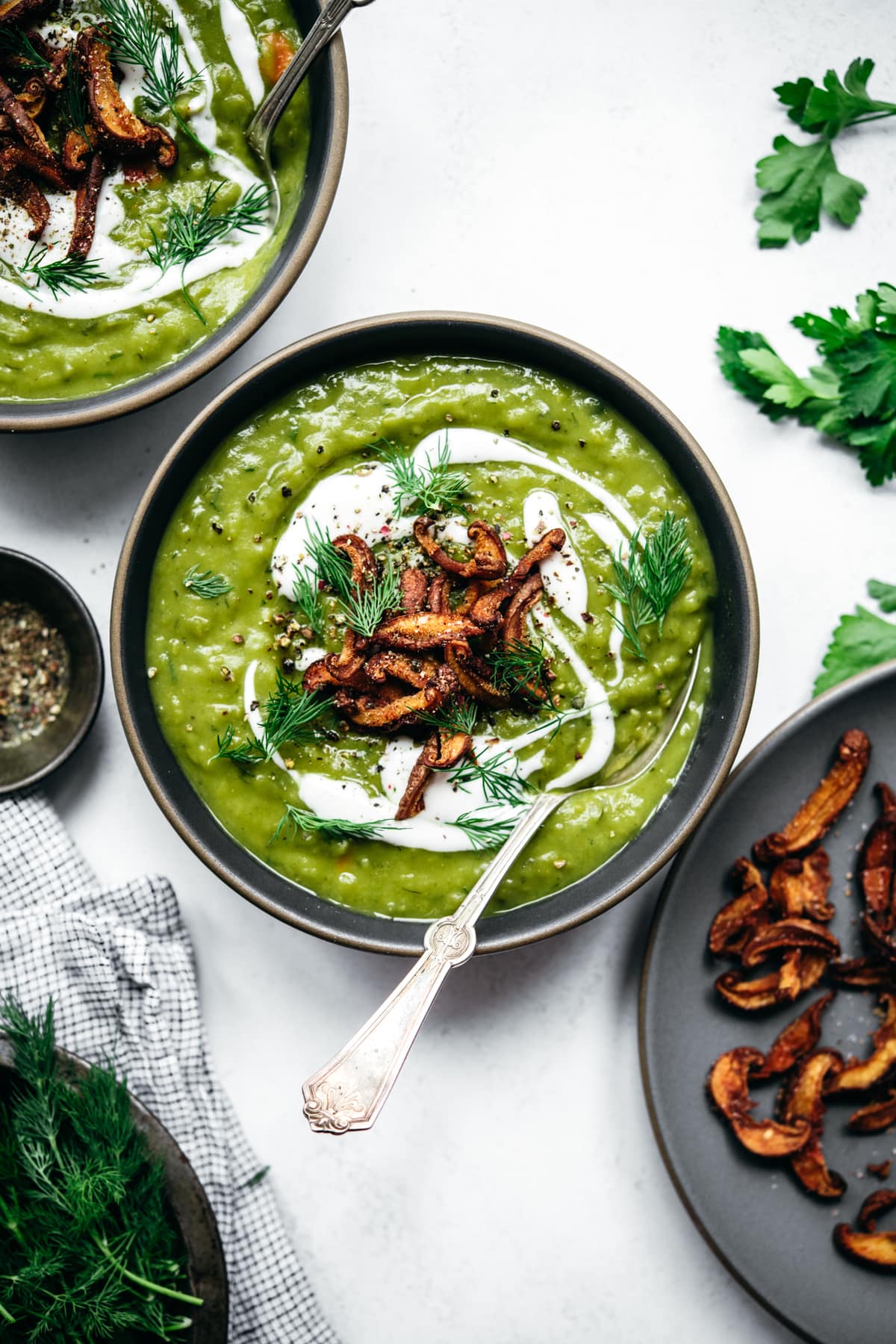 overhead view of vegan split pea soup with mushroom bacon