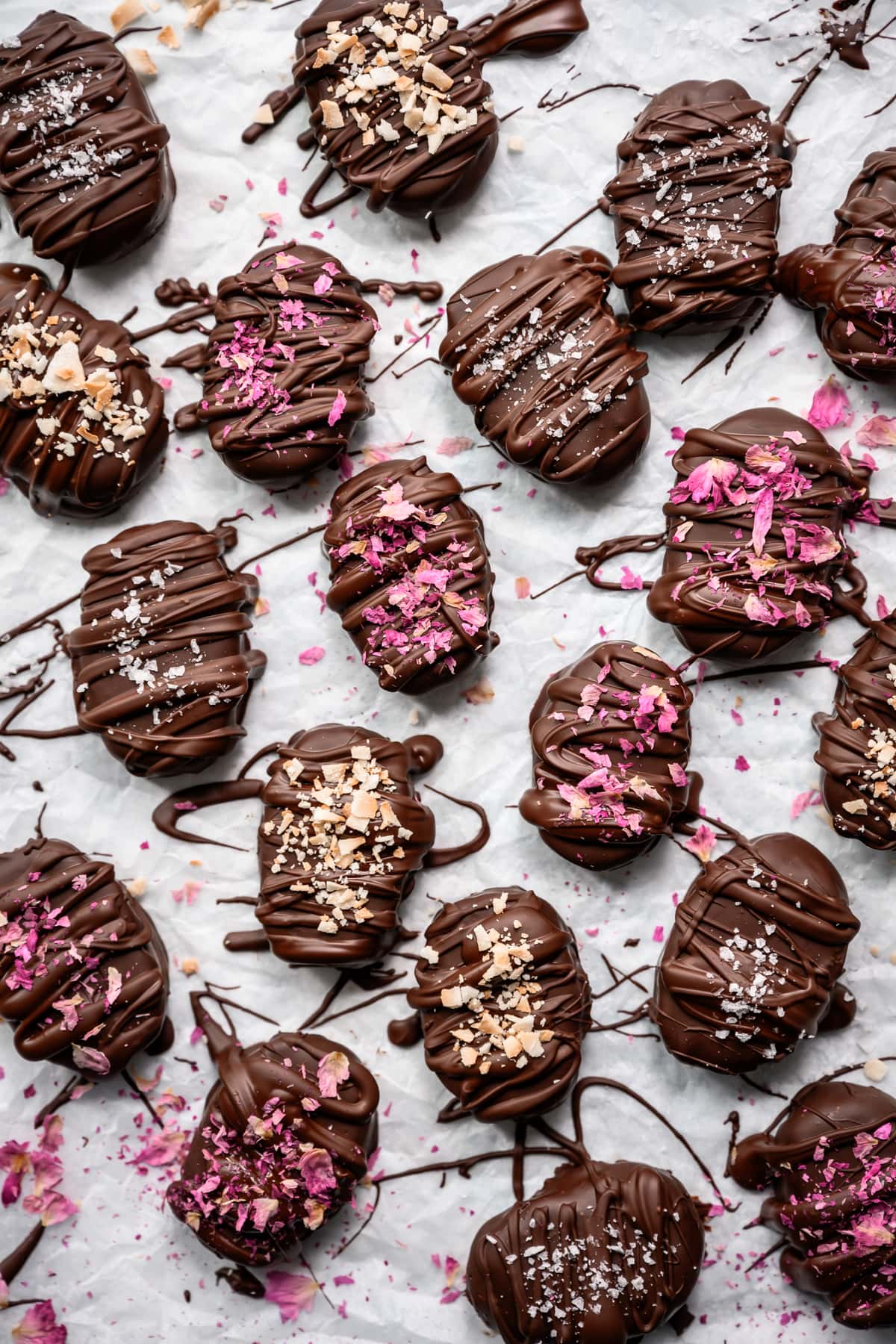 overhead view of vegan coconut easter eggs covered in dark chocolate