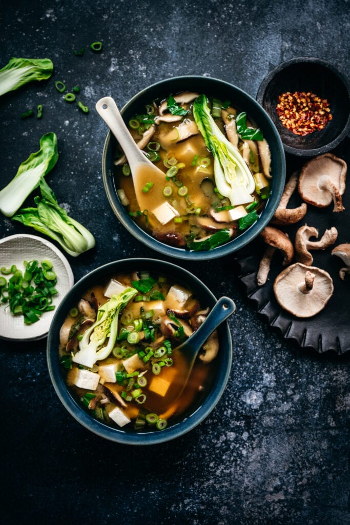 overhead view of two bowls of vegan miso soup