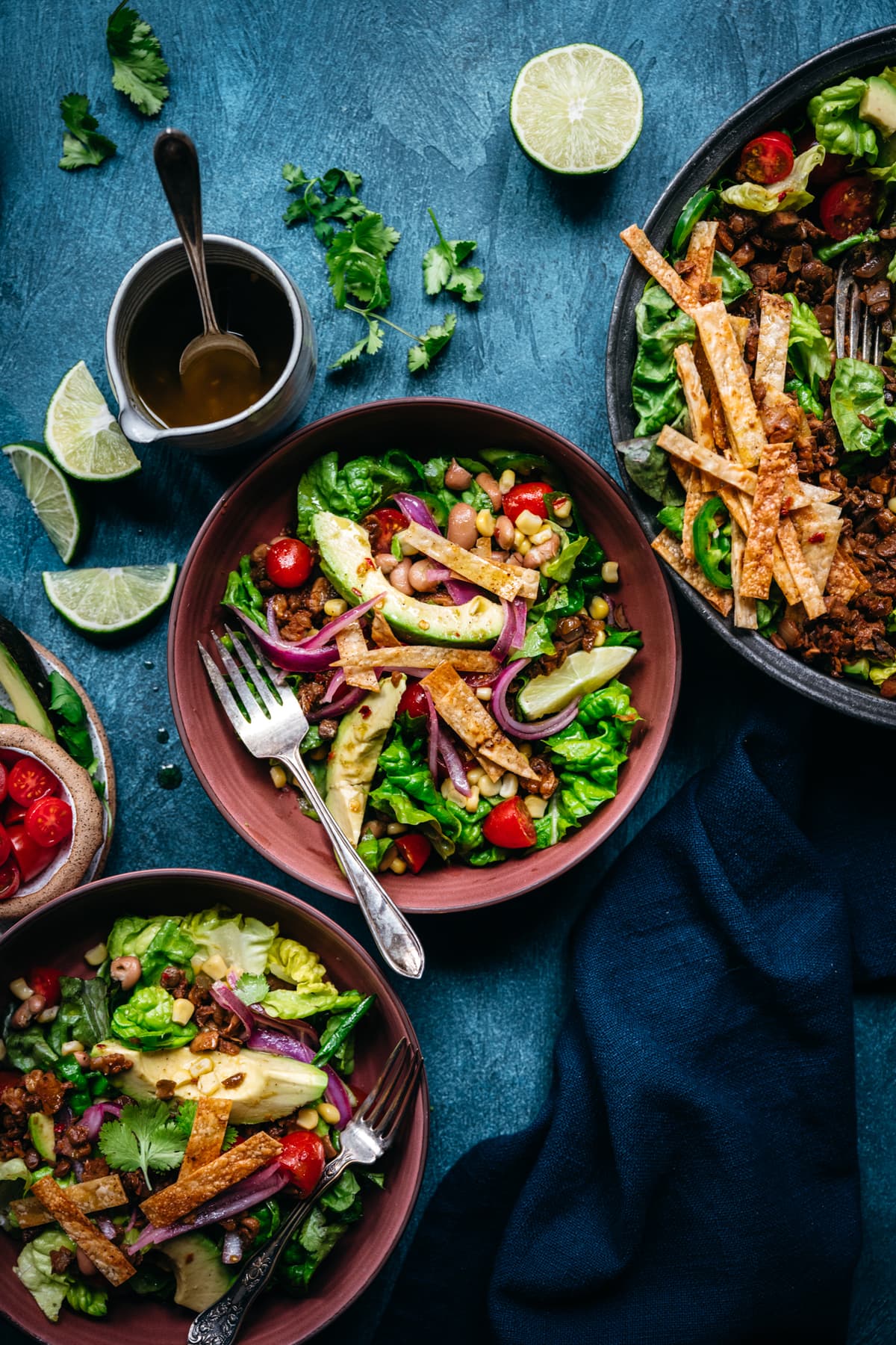 overhead view of vegan taco salad in bowls