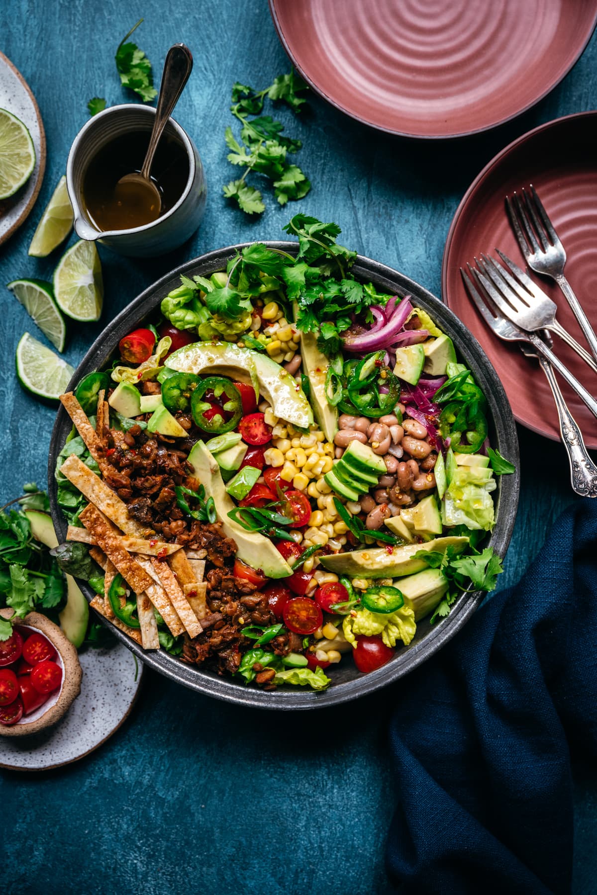 overhead view of vegan taco salad in large bowl