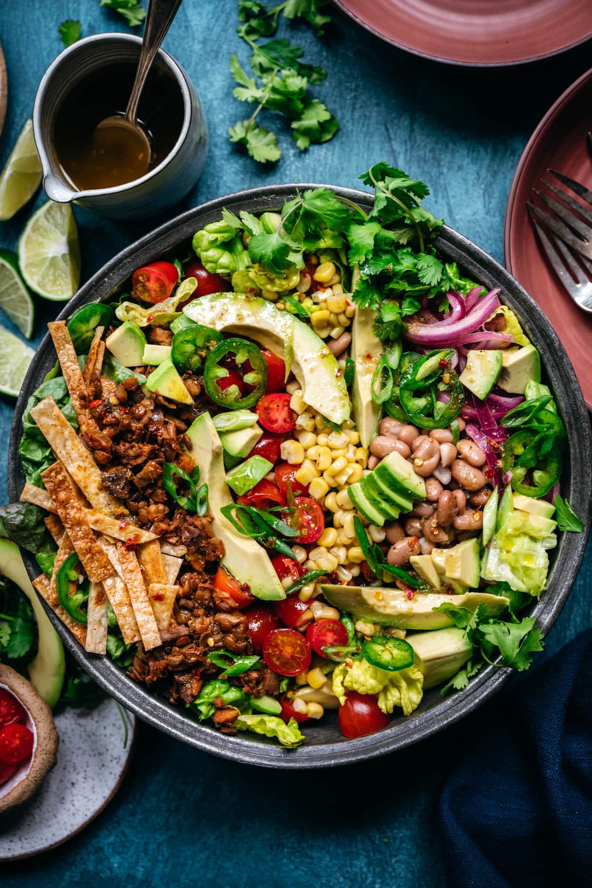 overhead view of vegan taco salad in large bowl