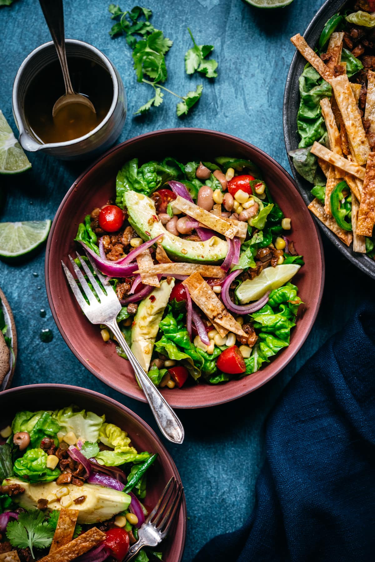 overhead view of vegan taco salad in bowls