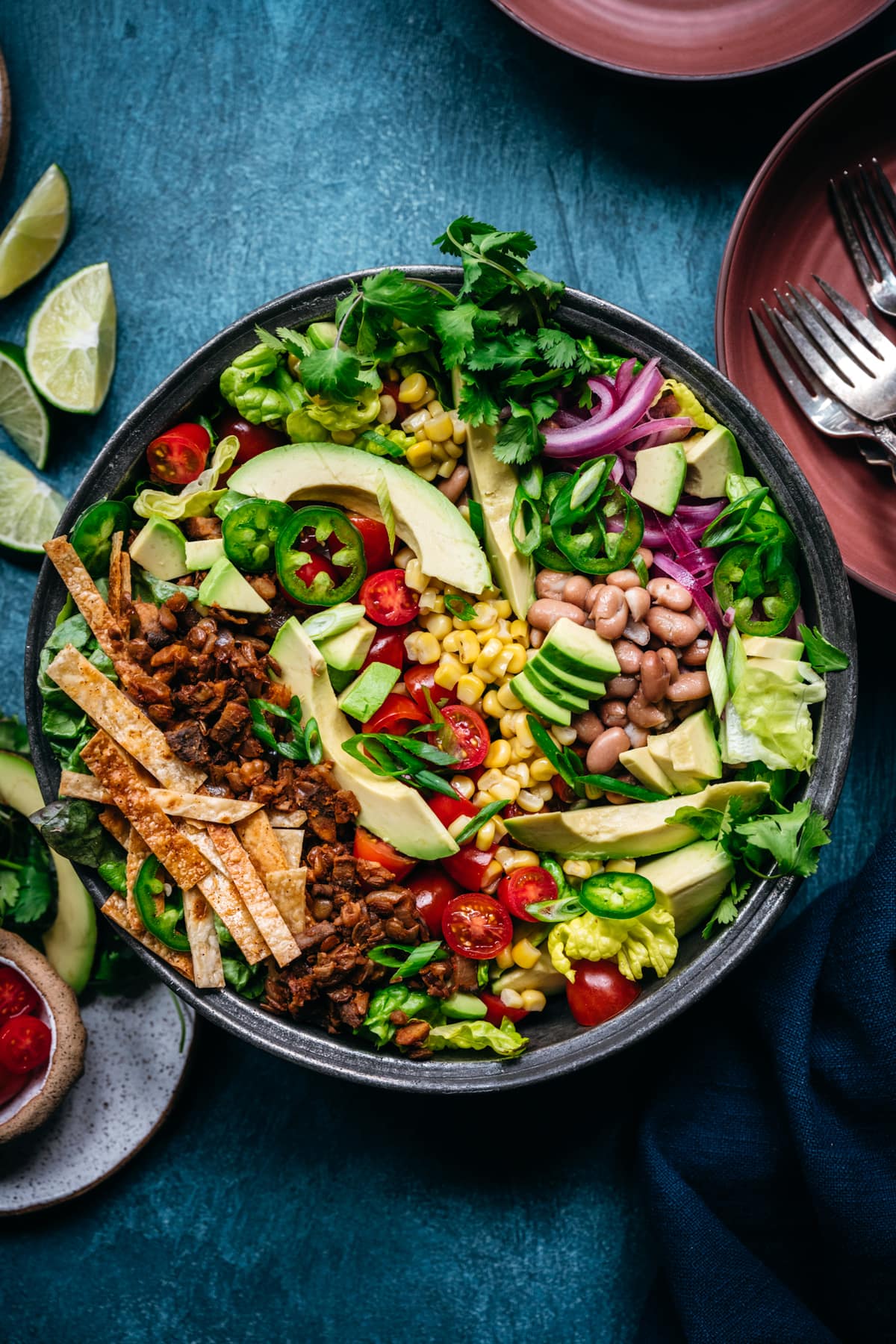 overhead view of vegan taco salad in large bowl