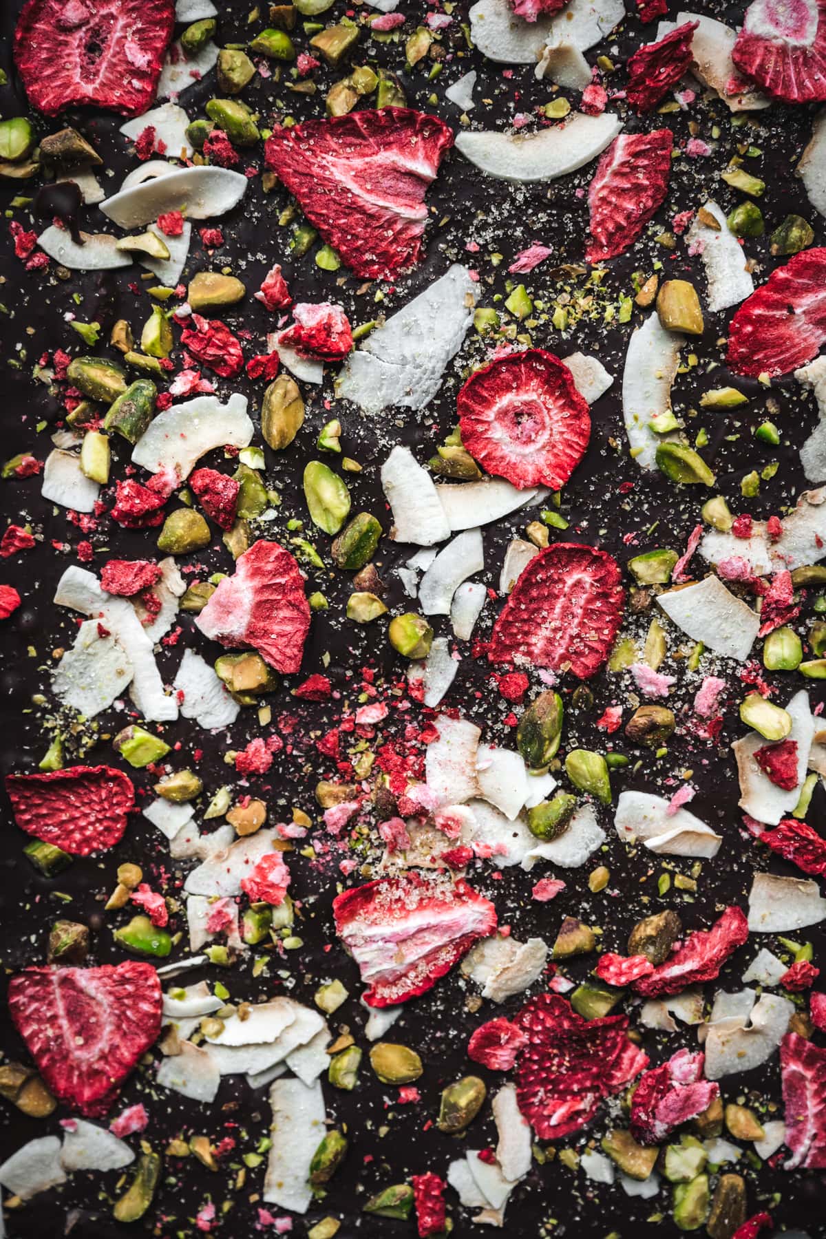 close up overhead view of homemade dark chocolate bark