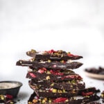 Chocolate bark broken up and stacked high.