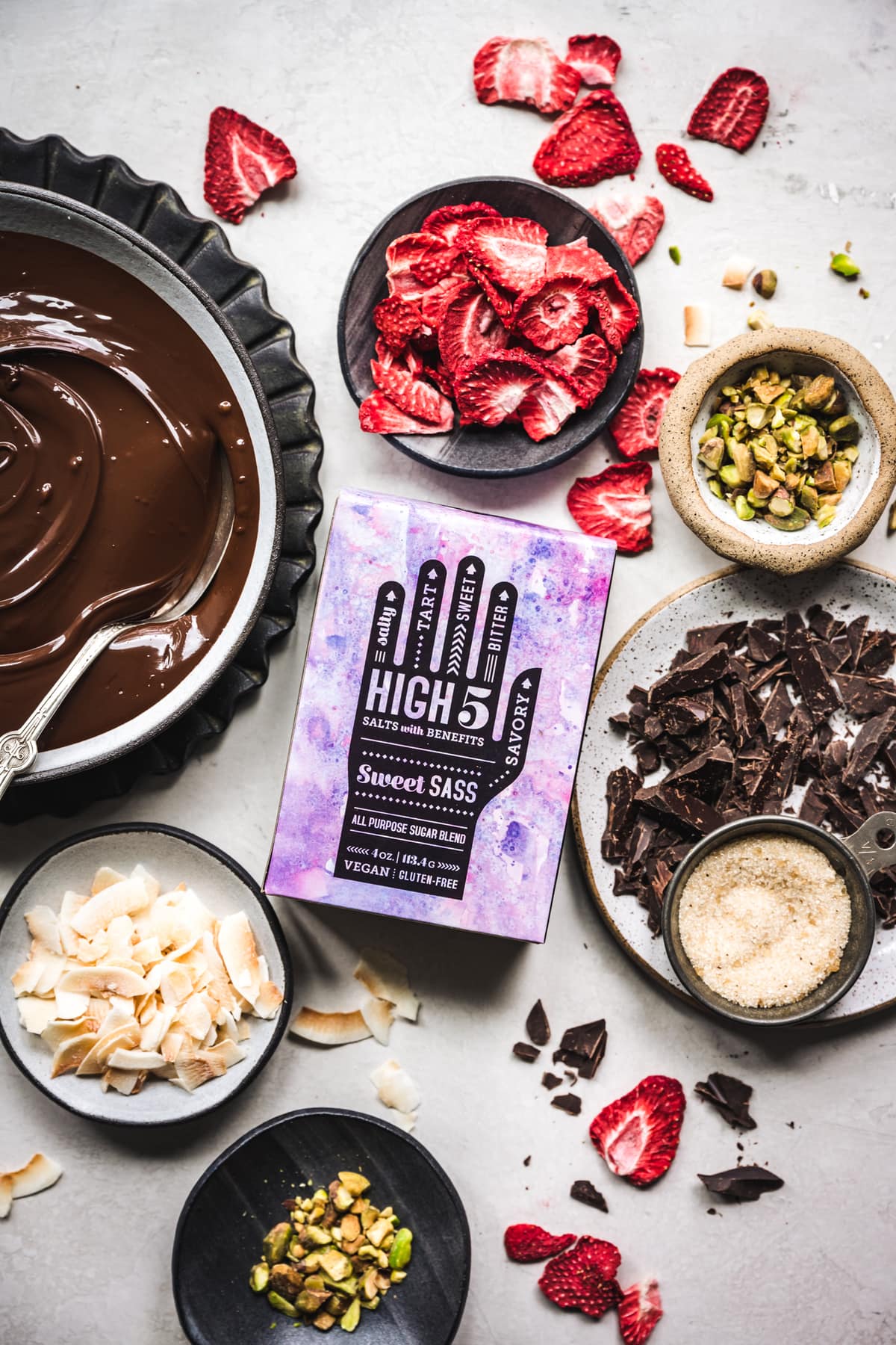overhead view of ingredients for homemade dark chocolate bark