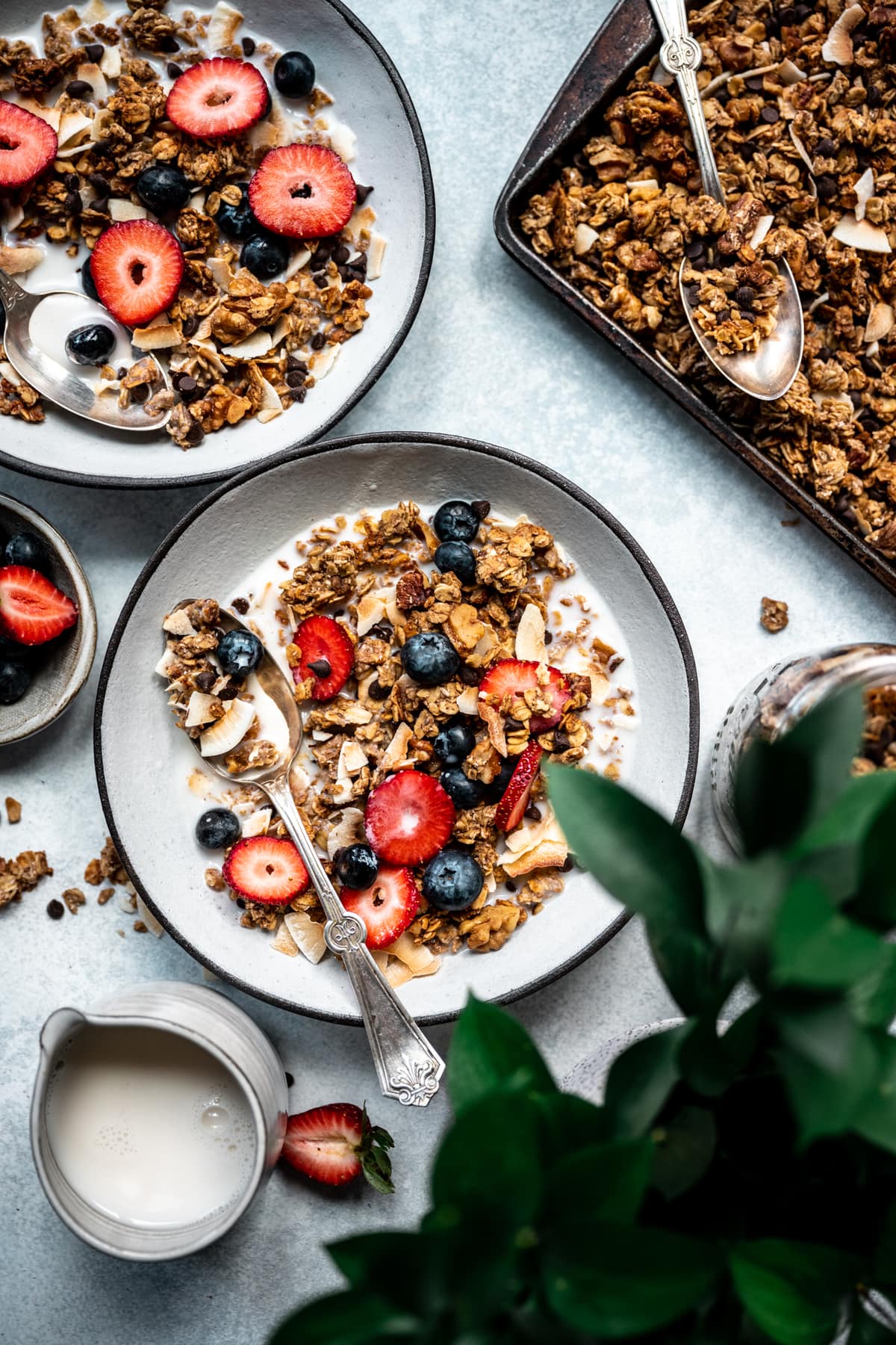 overhead view of banana bread granola in bowl with milk and berries