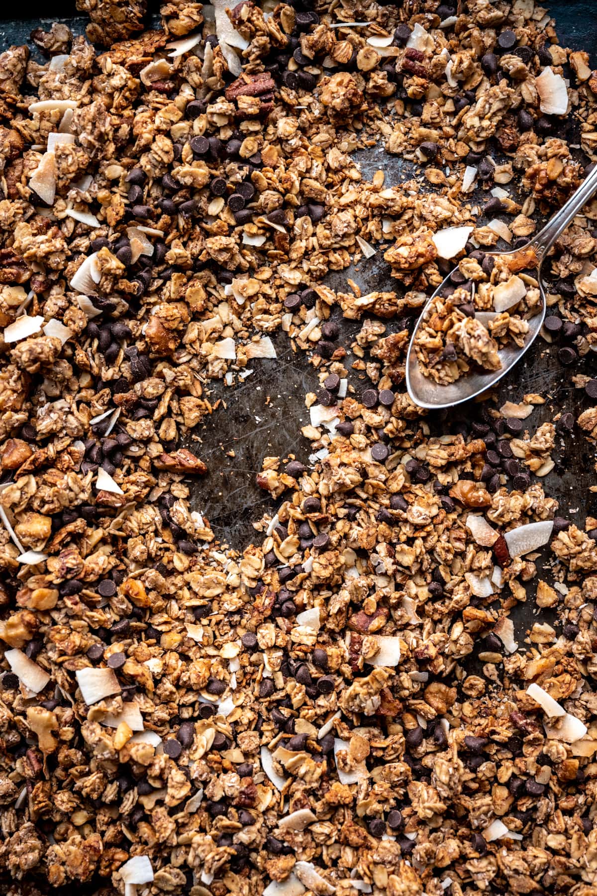 overhead view of banana bread granola on sheet pan