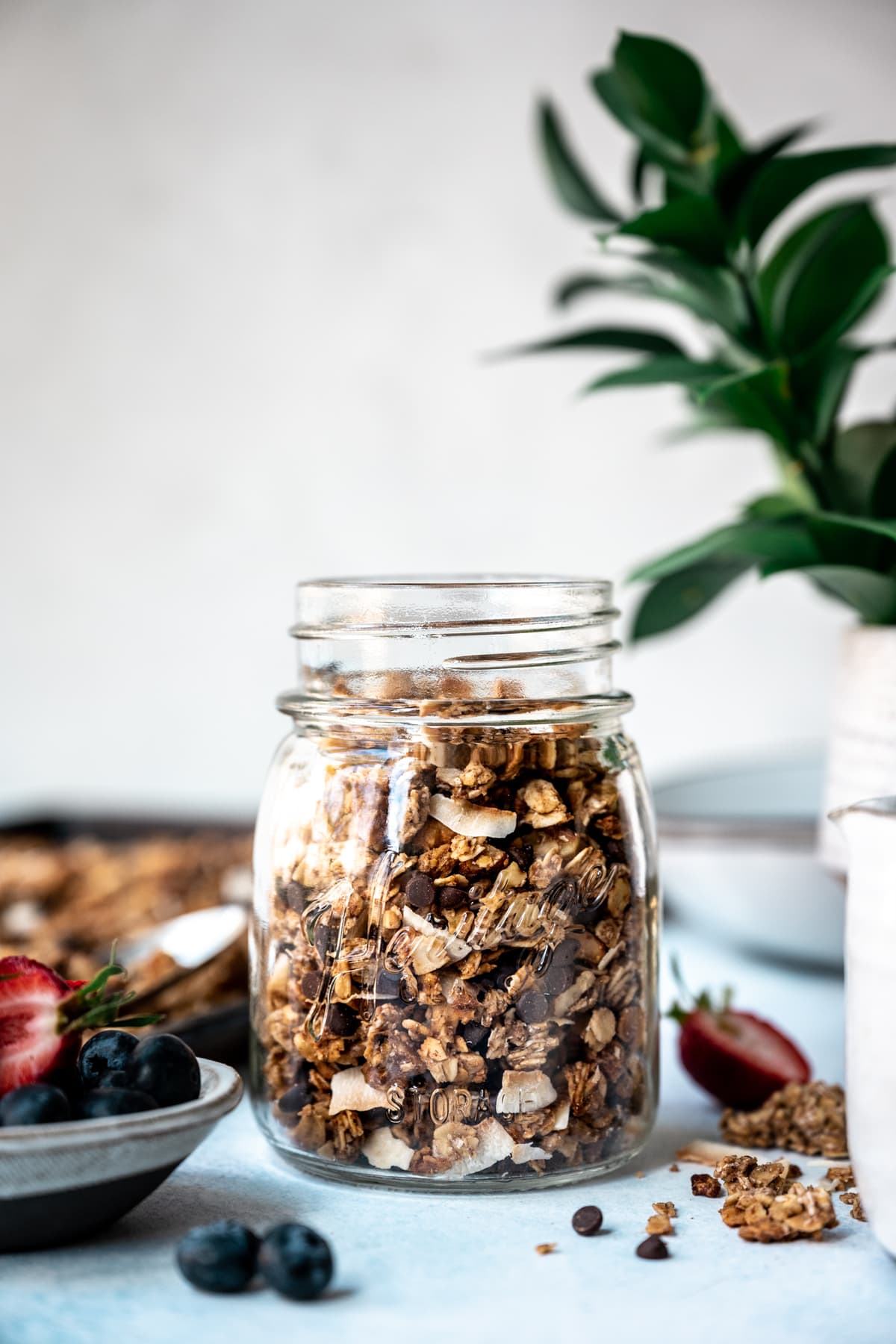 side view of banana bread granola in a jar