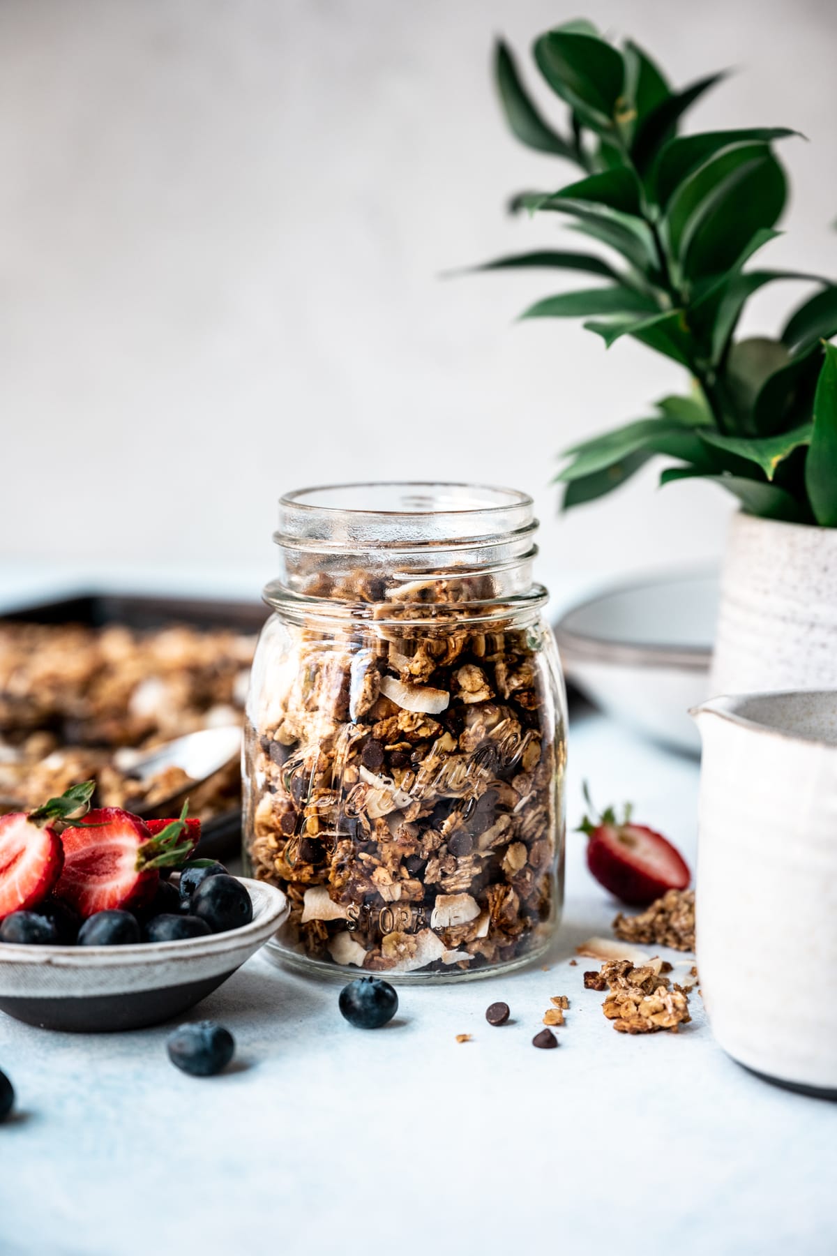 side view of banana bread granola in a jar