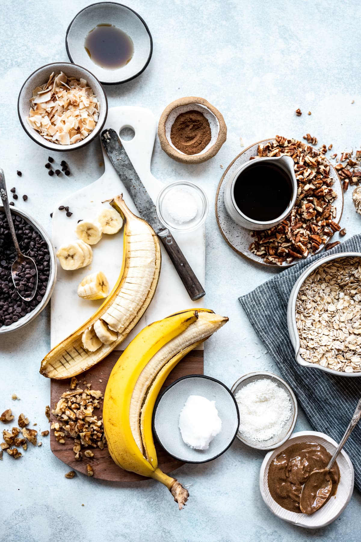 overhead view of ingredients for homemade banana bread granola