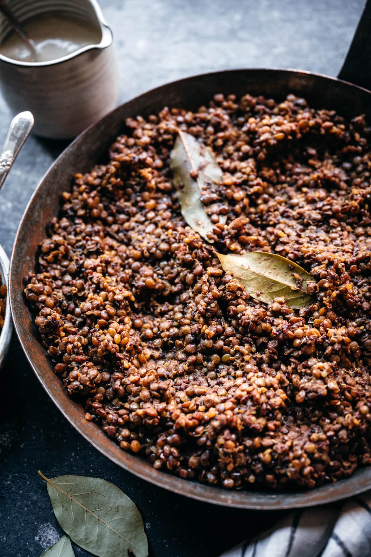 side view of middle eastern cooked lentils and quinoa