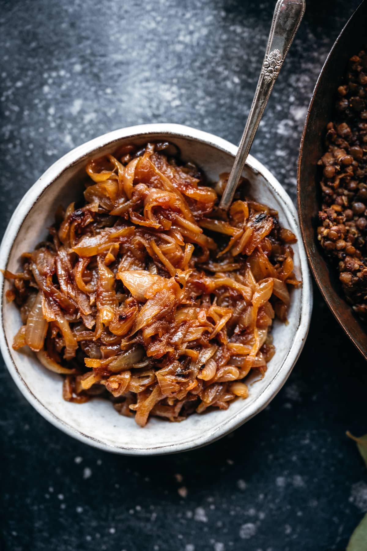 close up view of caramelized onions in a bowl