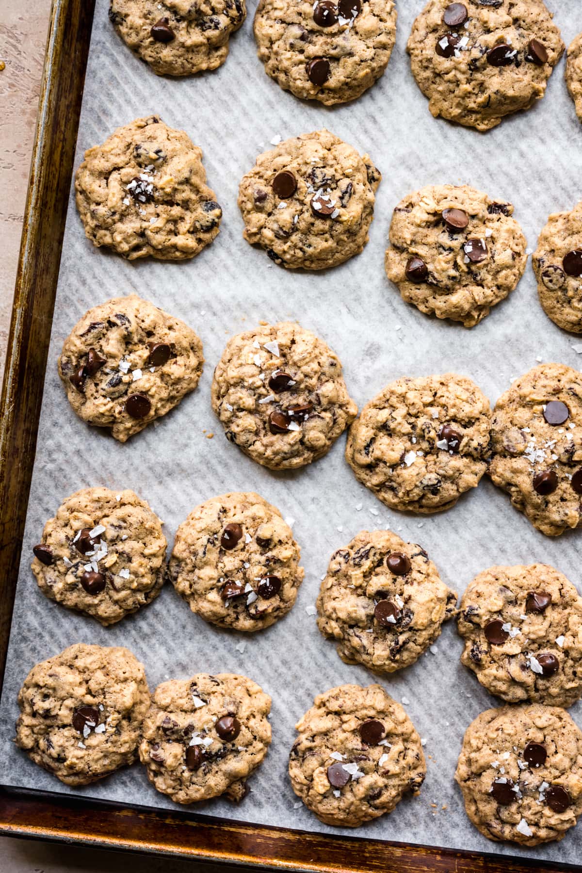 overhead view of vegan gluten free oatmeal raisin cookies on sheet pan