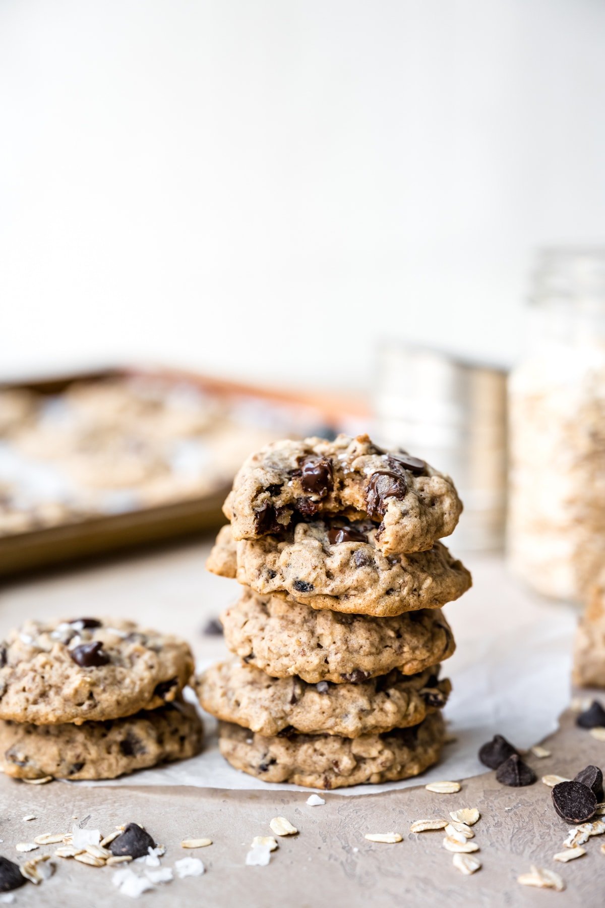 side view of stack of oatmeal raisin chocolate chip cookies