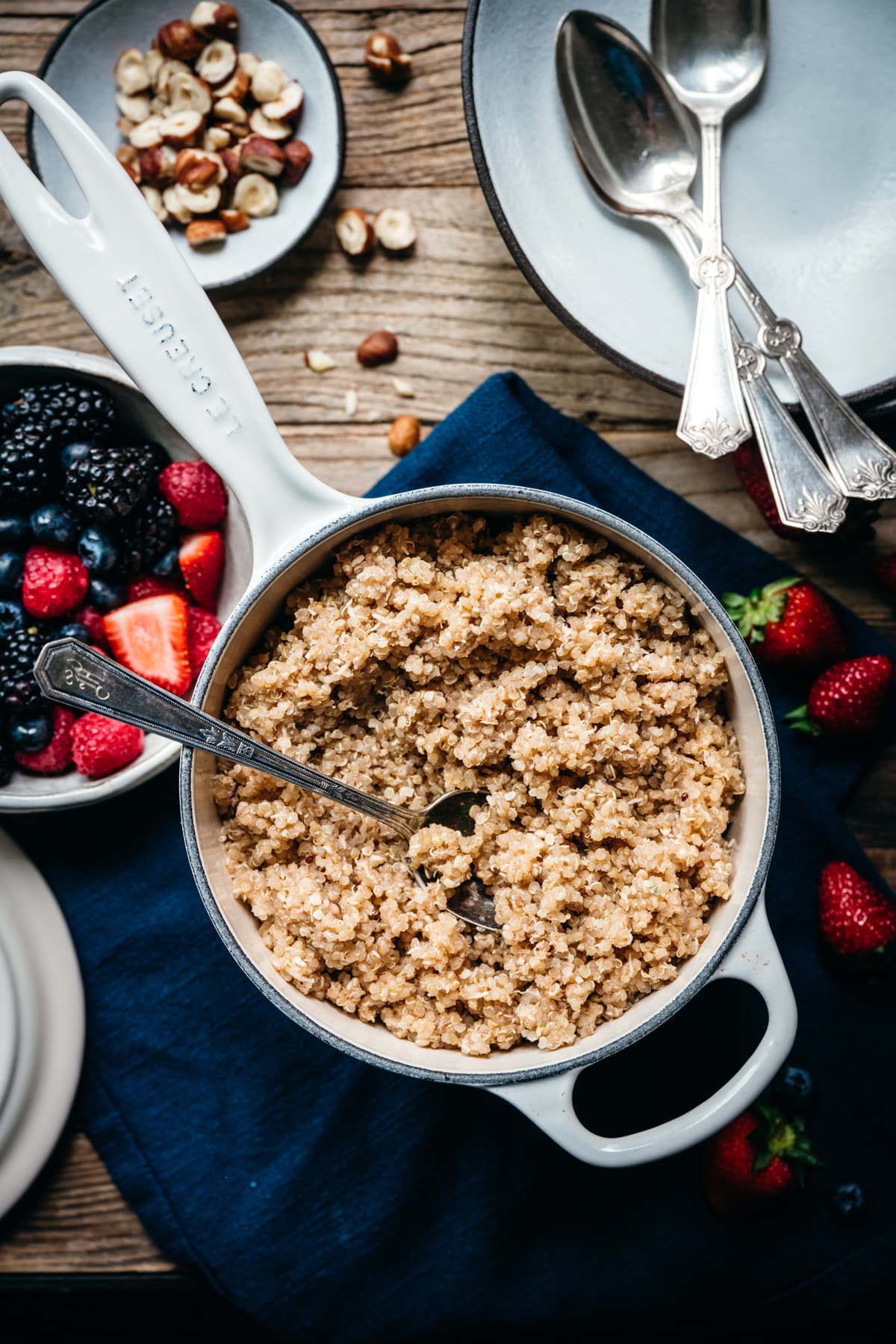 overhead view of vegan breakfast quinoa in pot