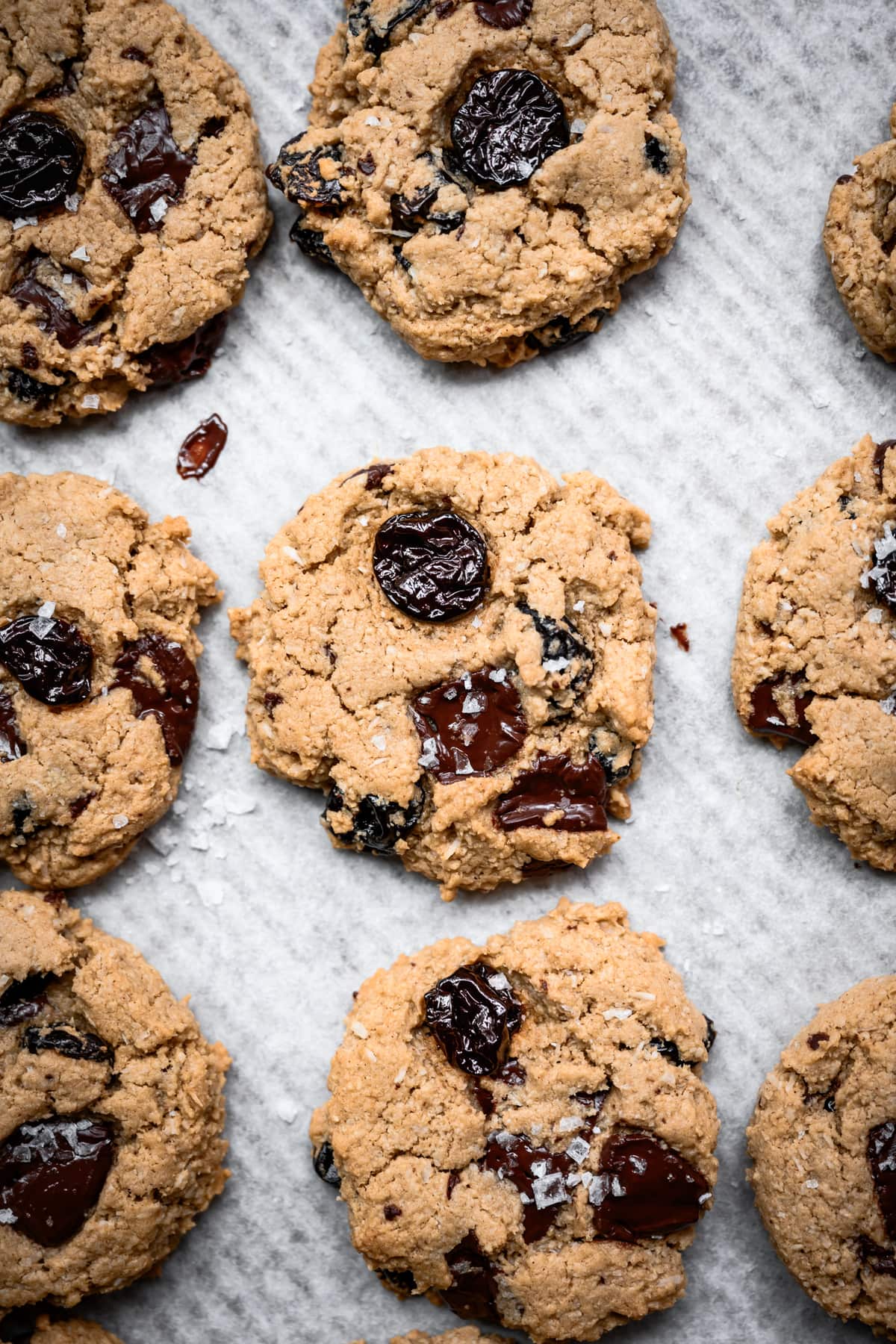 overhead view of dark chocolate tart cherry cookies