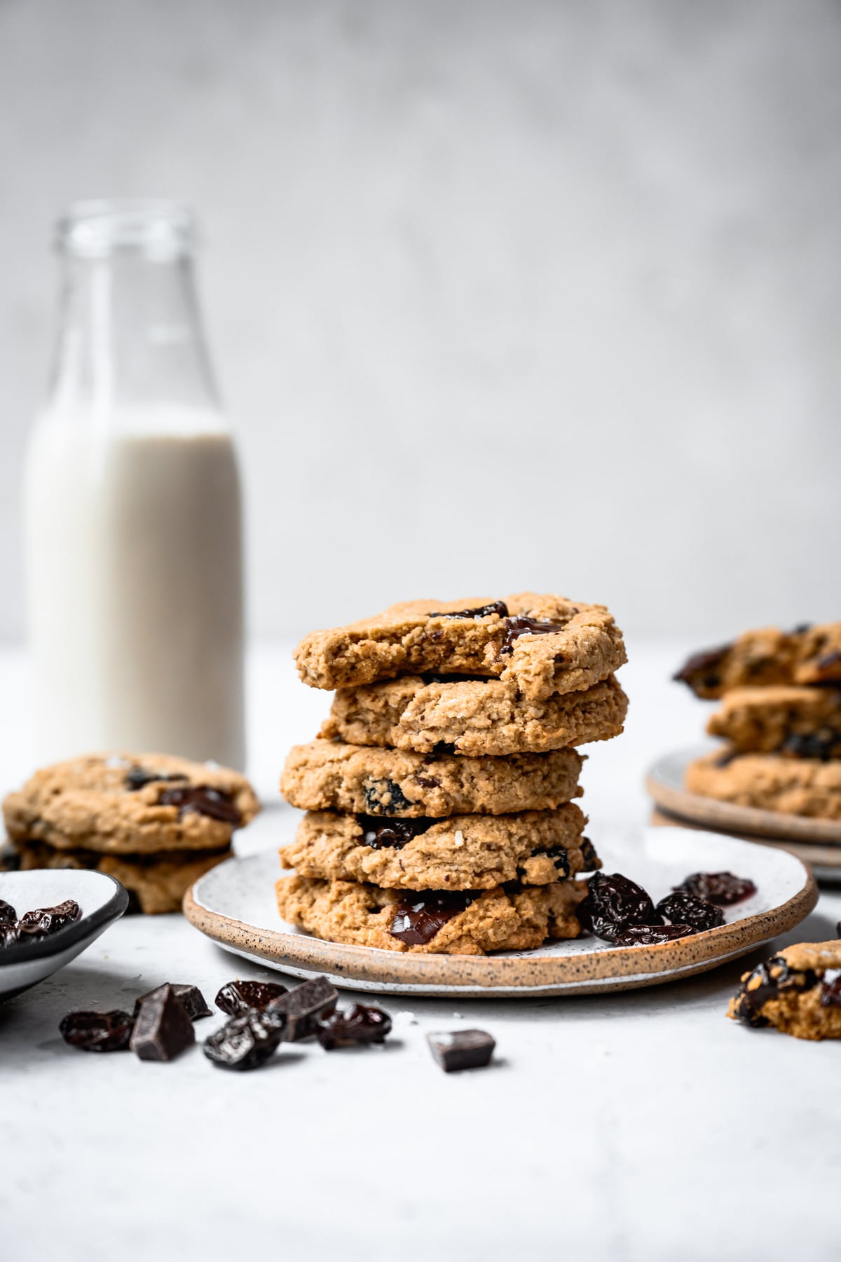 side view of stack of vegan and gluten free oatmeal tart cherry cookies