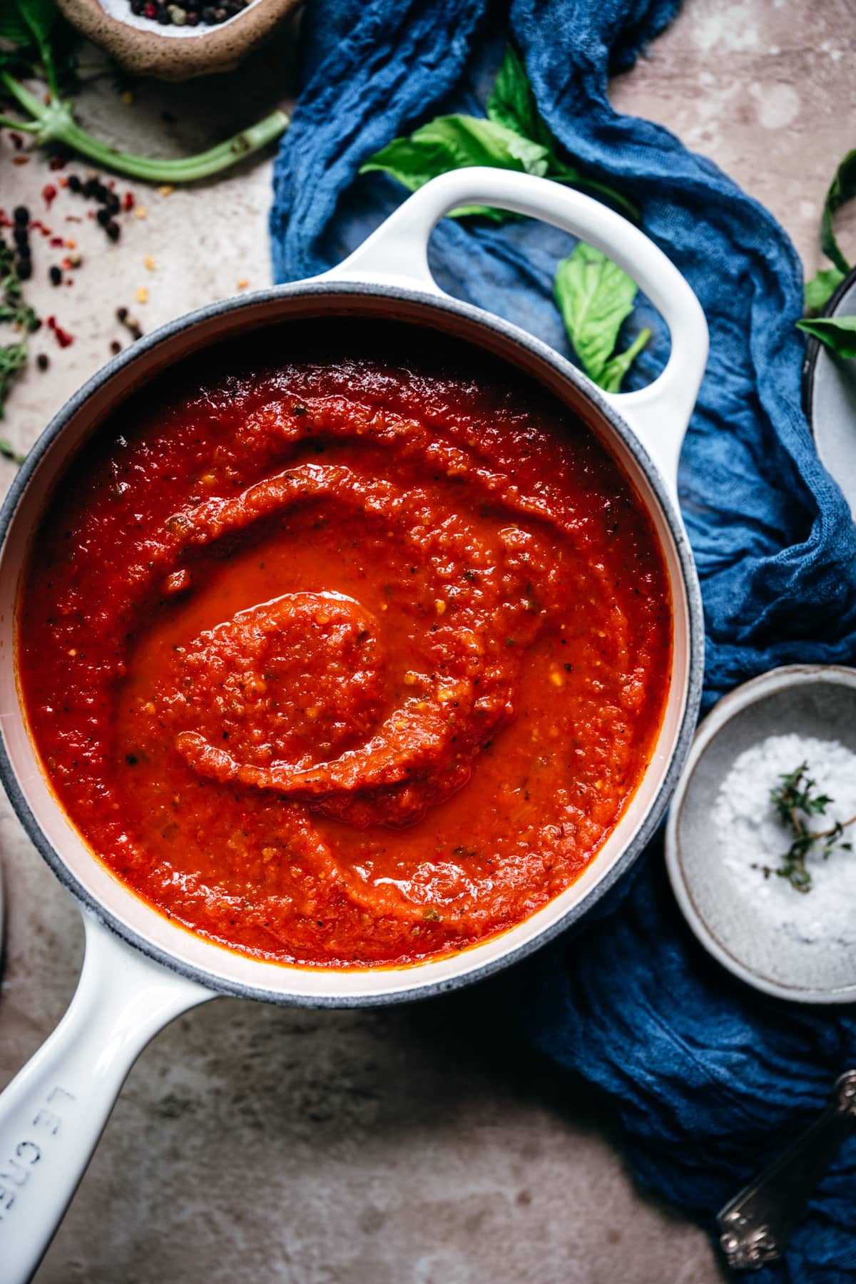 close up overhead view of homemade tomato sauce in a small saucepan