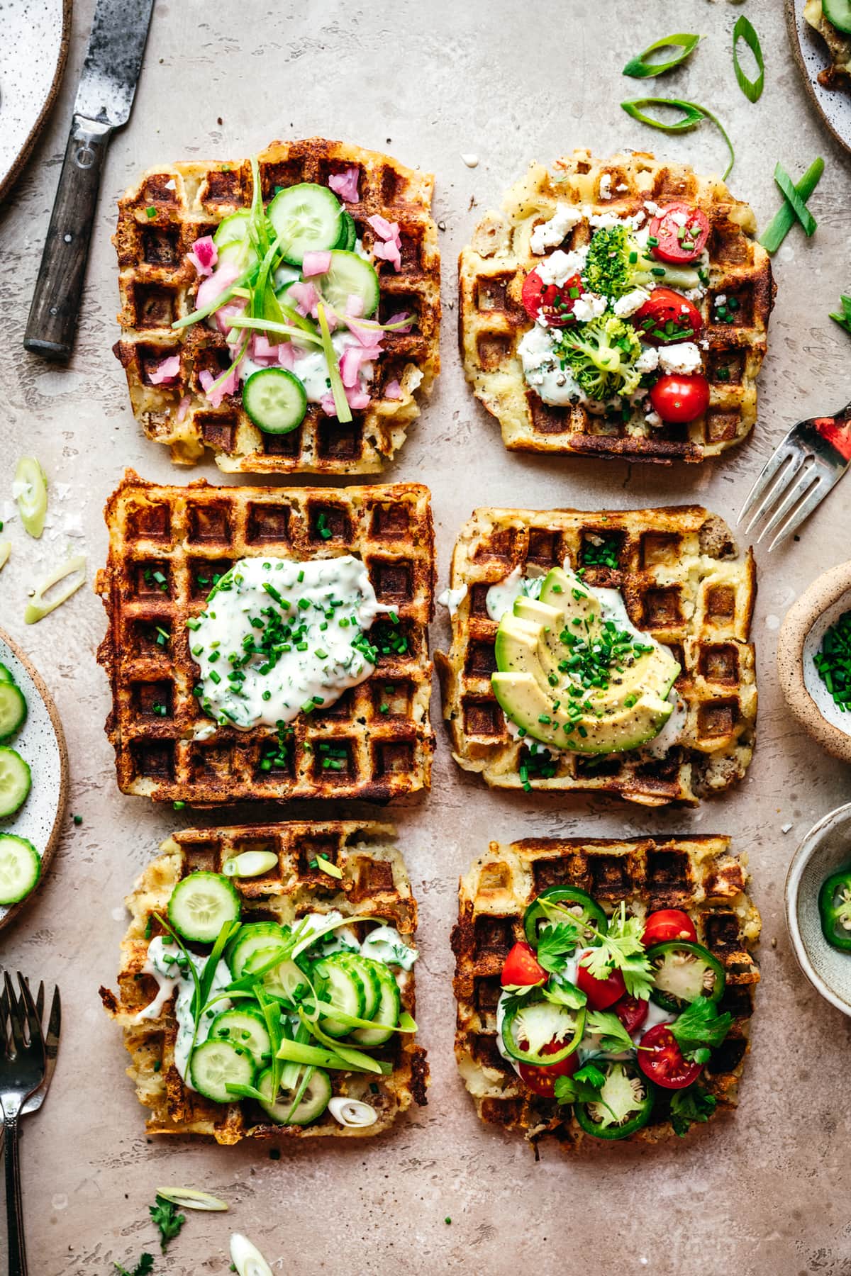 overhead view of savory mashed potato waffles