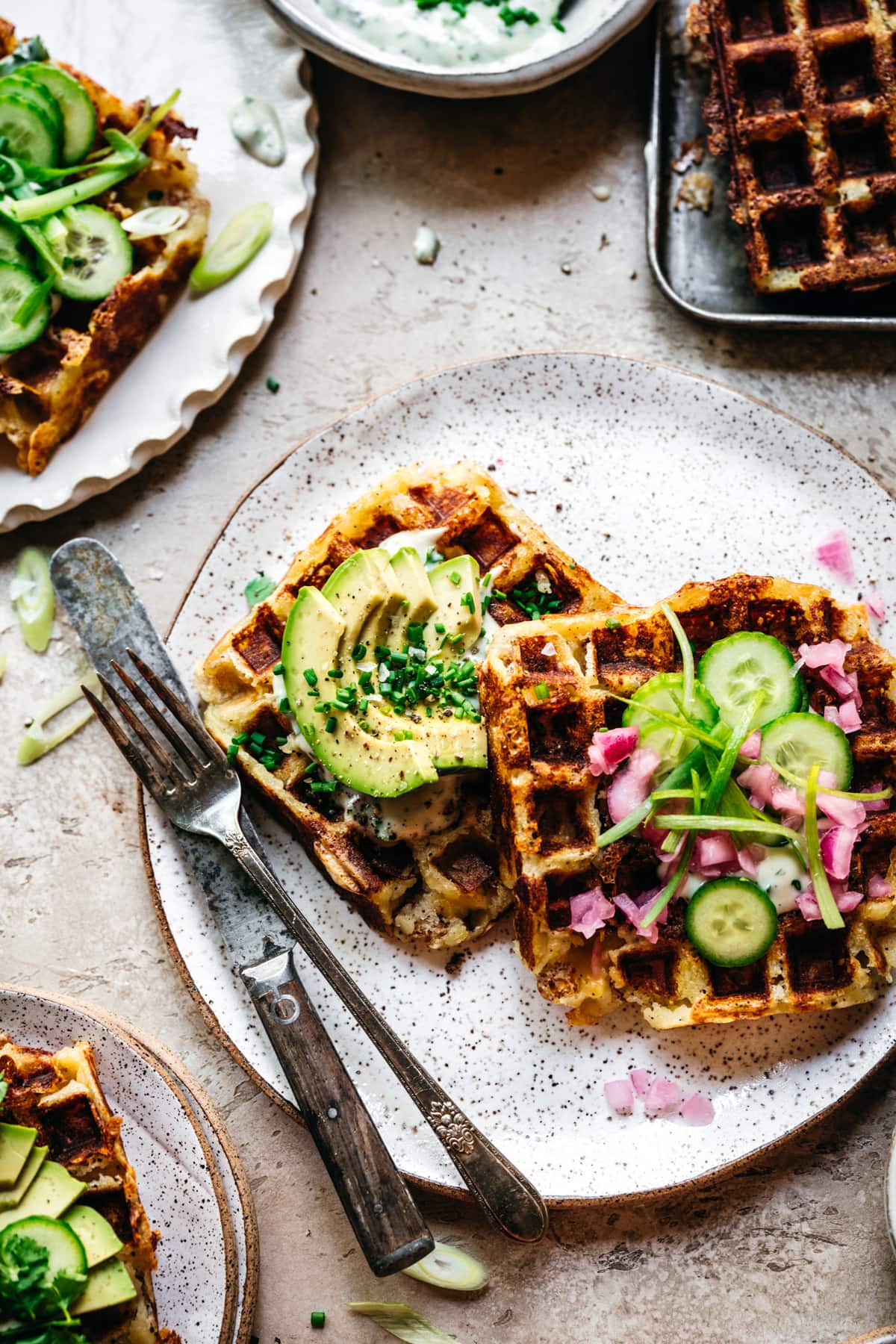 overhead view of savory mashed potato waffles on a plate