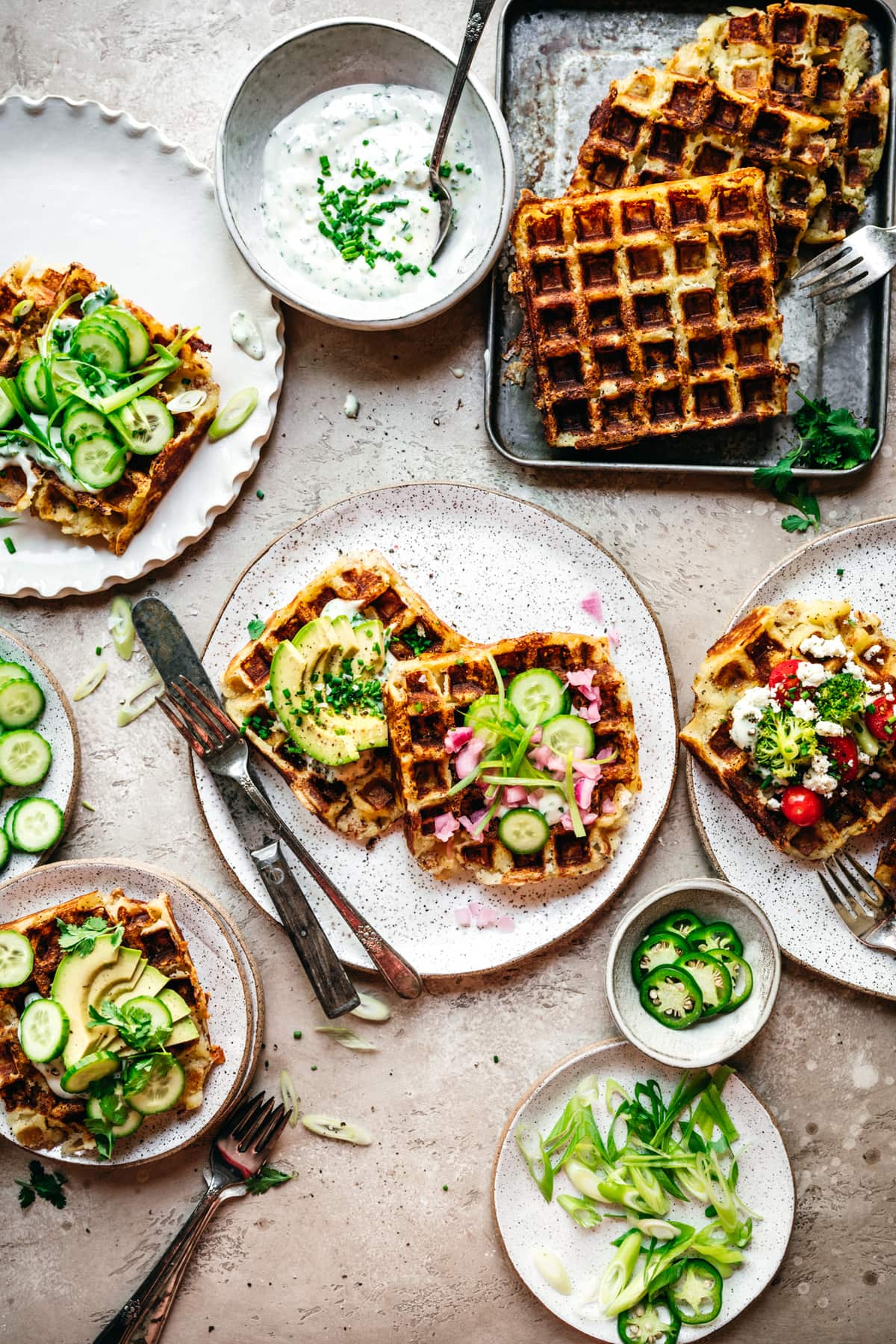 overhead view of savory mashed potato waffles with toppings