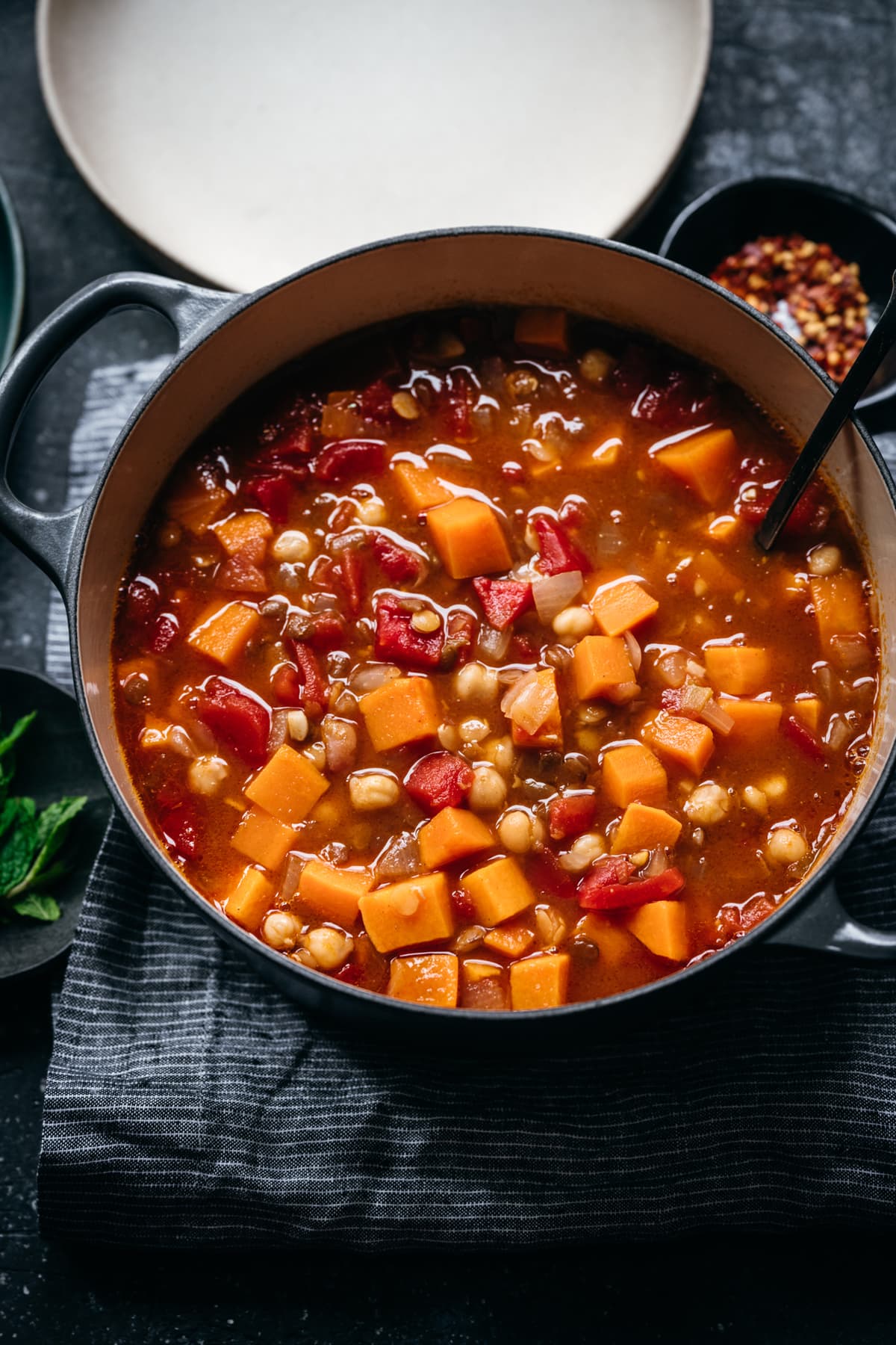 side view of Moroccan chickpea lentil stew in pot