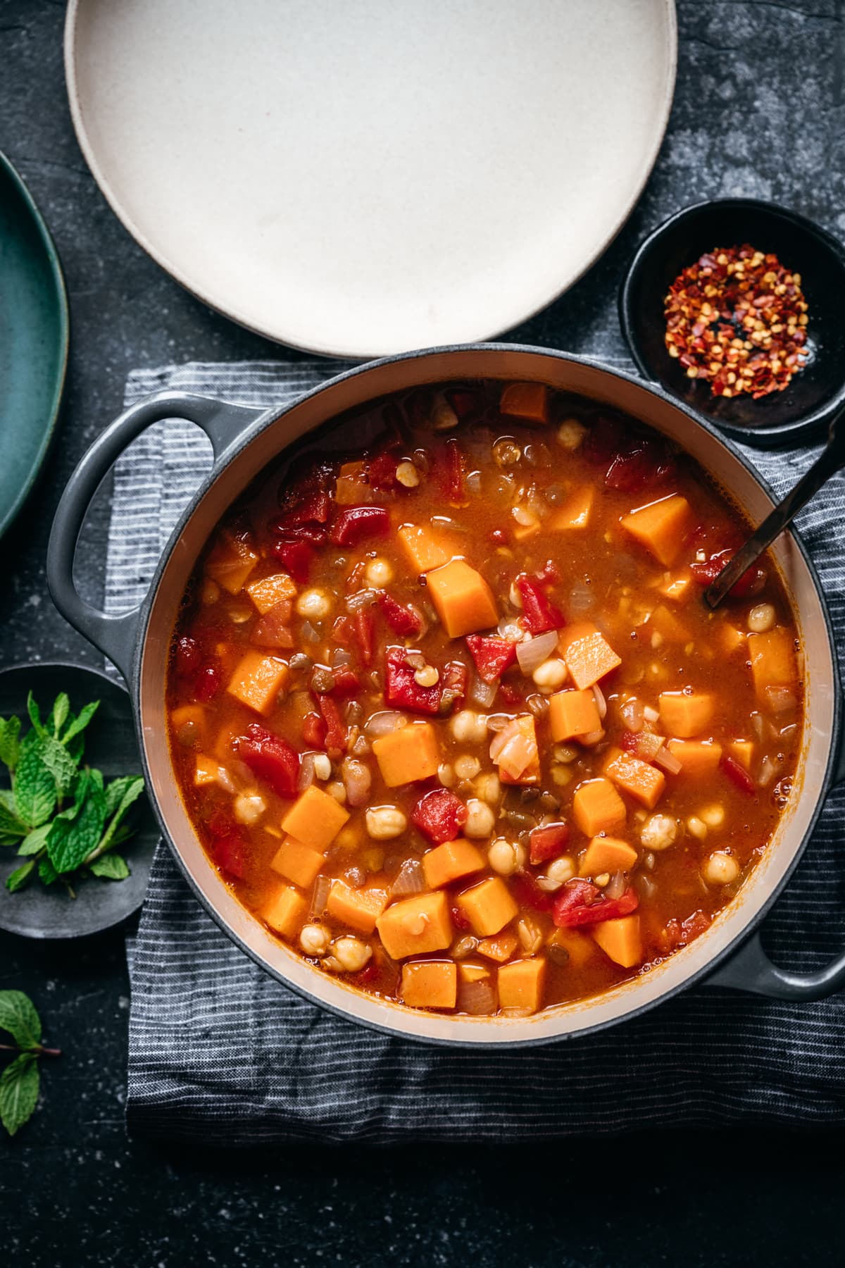 overhead view of Moroccan chickpea lentil stew in pot