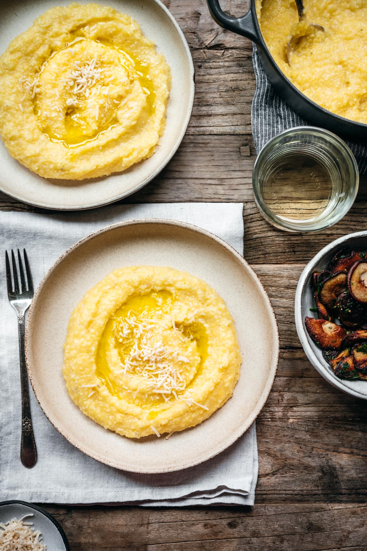 overhead view of vegan polenta in bowls