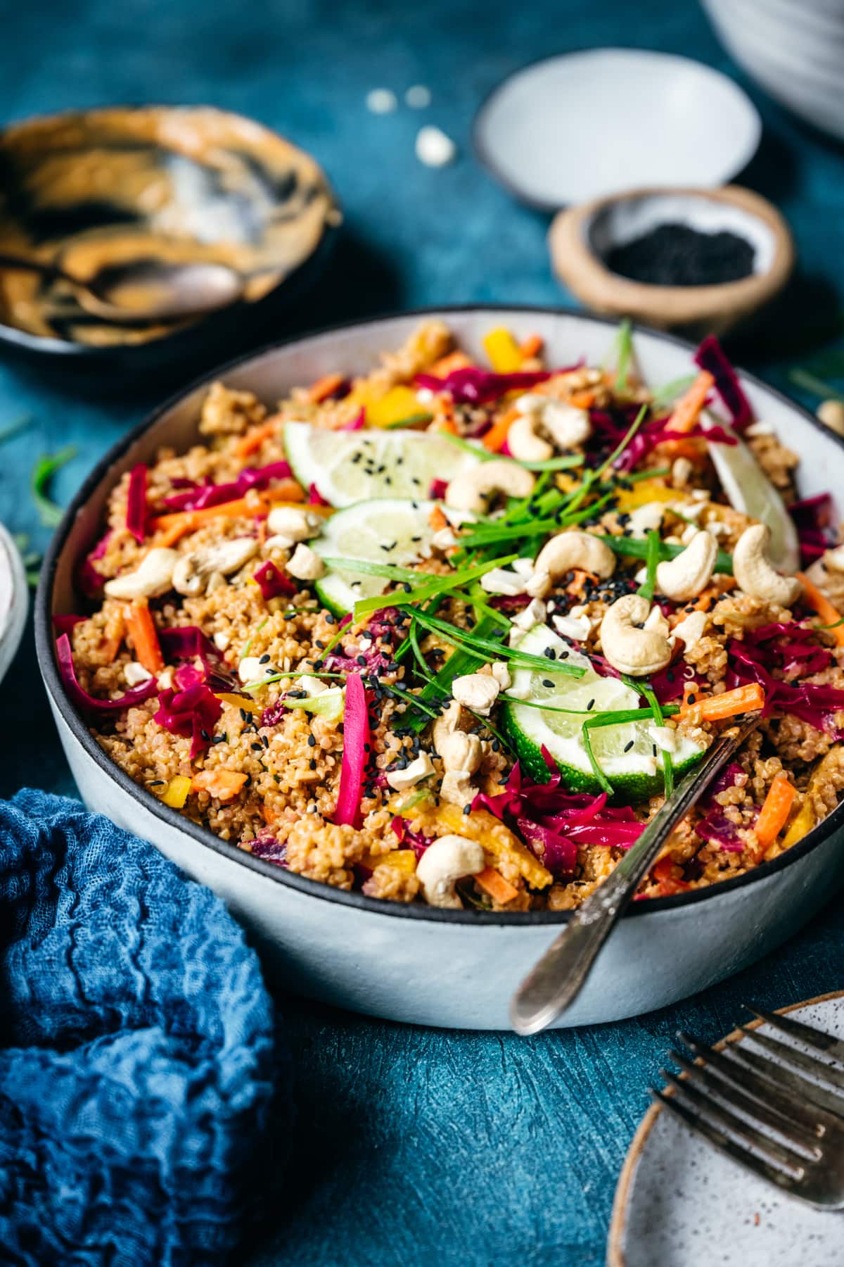 side view of thai peanut quinoa salad