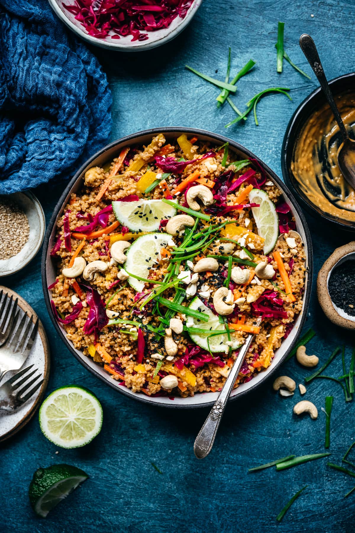 overhead view of vegan thai quinoa salad