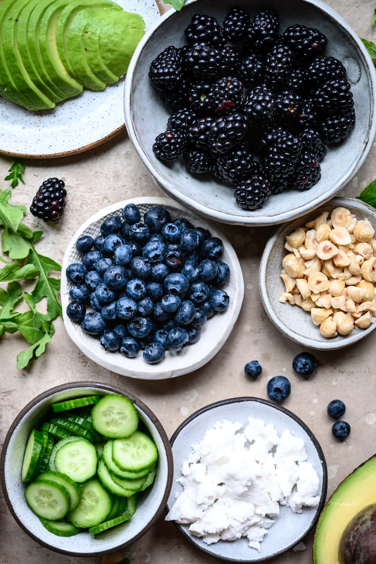 overhead view of ingredients for summer salad