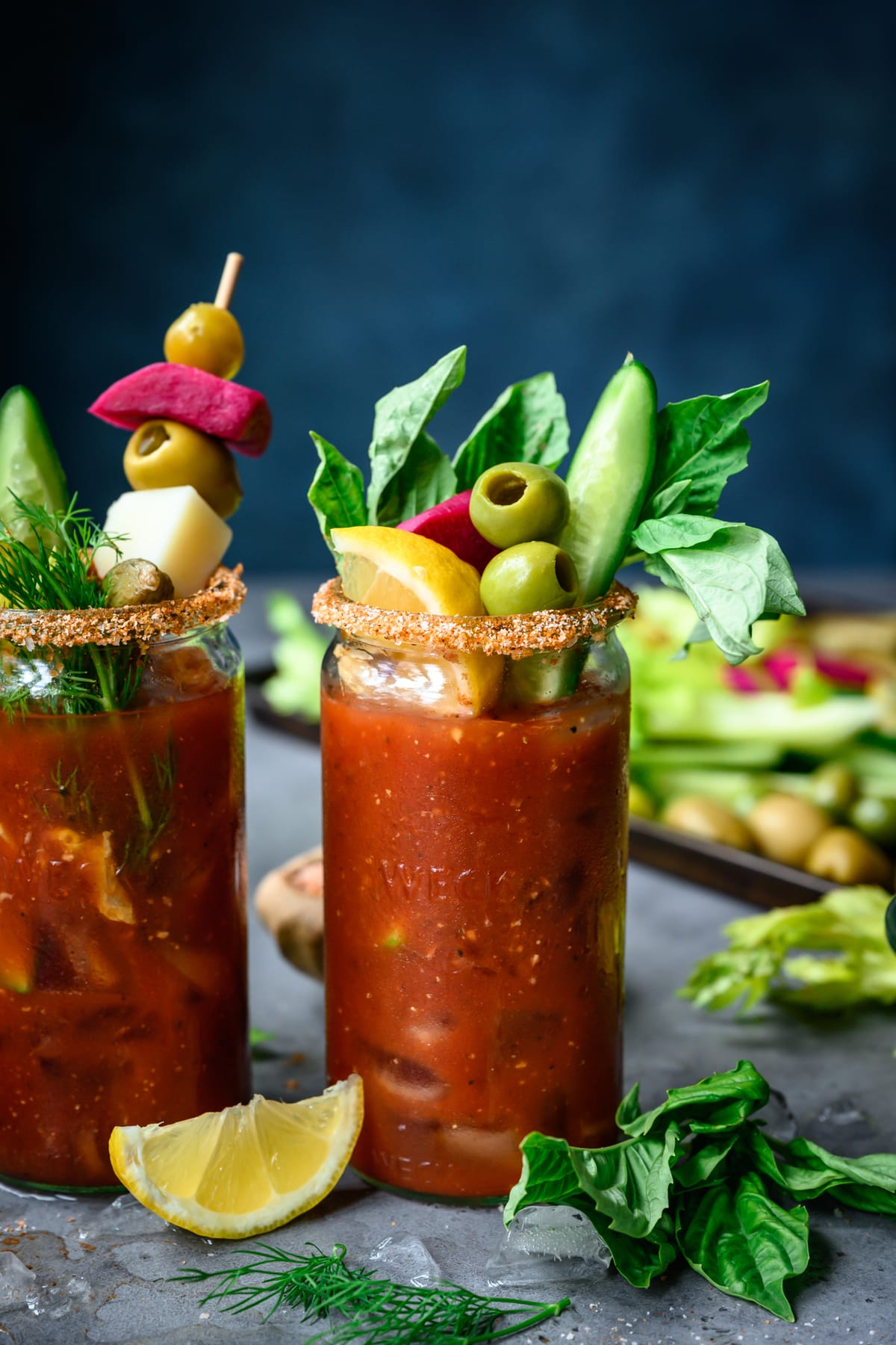 side view of vegan bloody mary with toppings